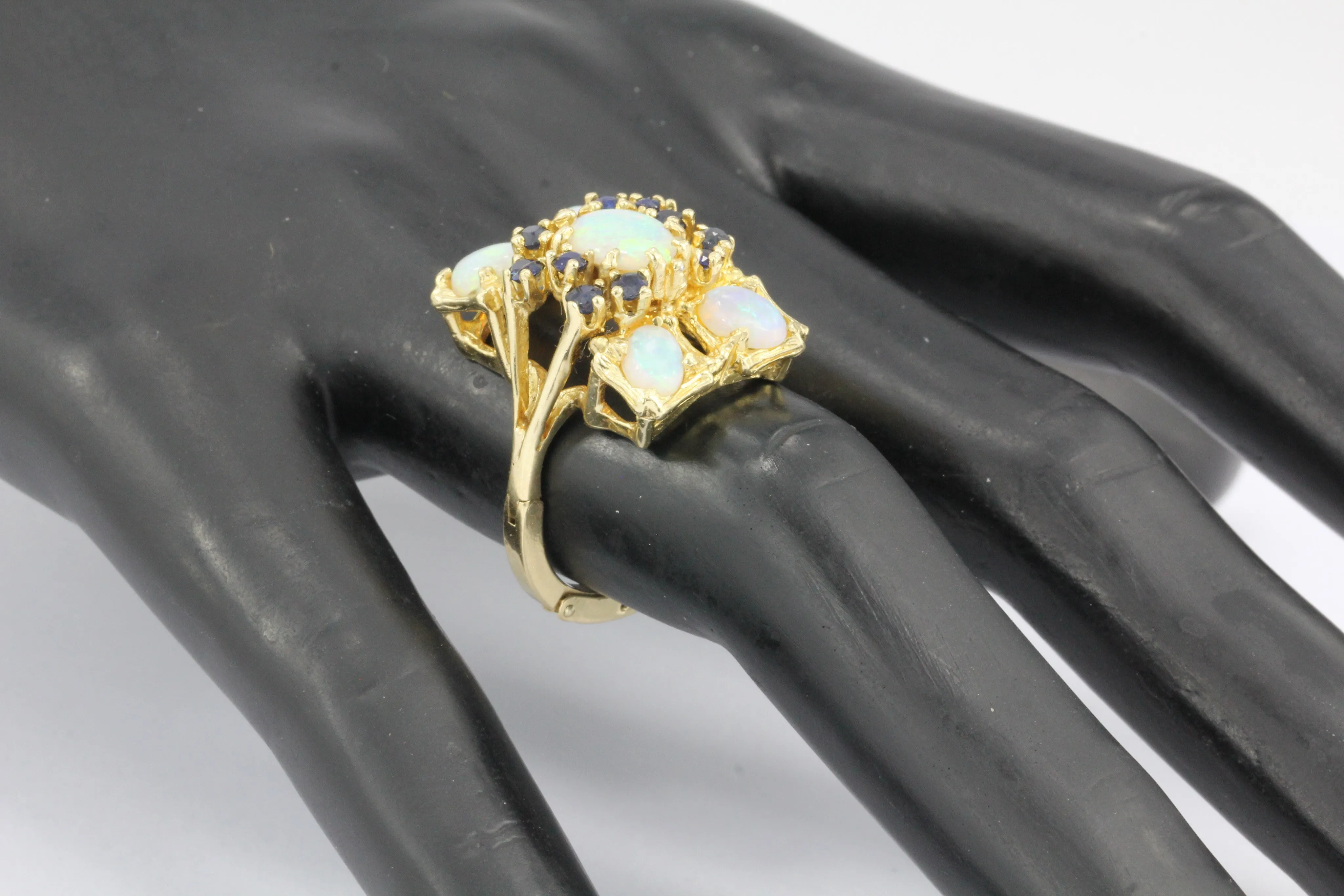 Retro 14K Gold Opal & Sapphire Cluster Ring c.1950