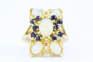 Retro 14K Gold Opal & Sapphire Cluster Ring c.1950