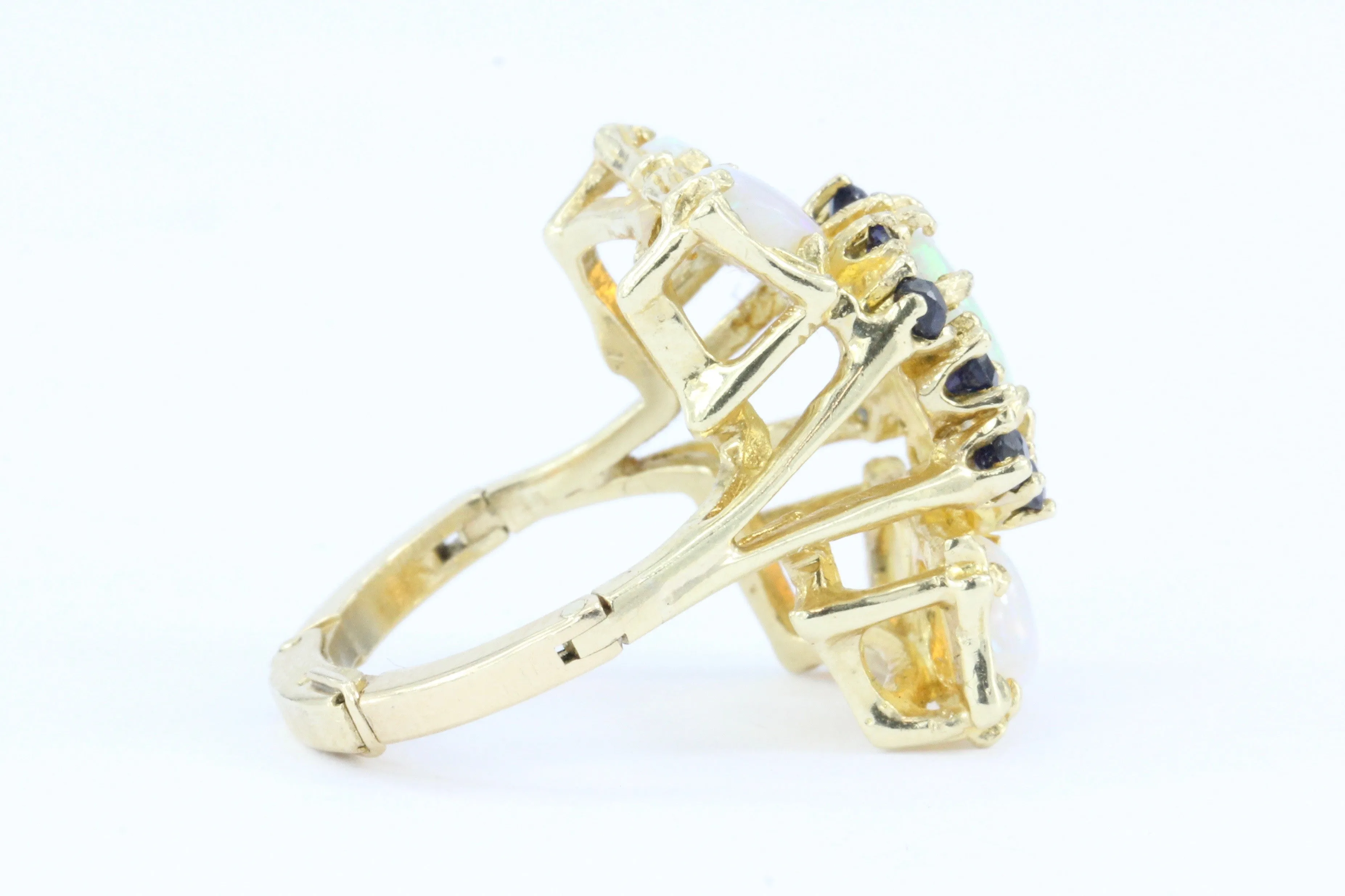 Retro 14K Gold Opal & Sapphire Cluster Ring c.1950