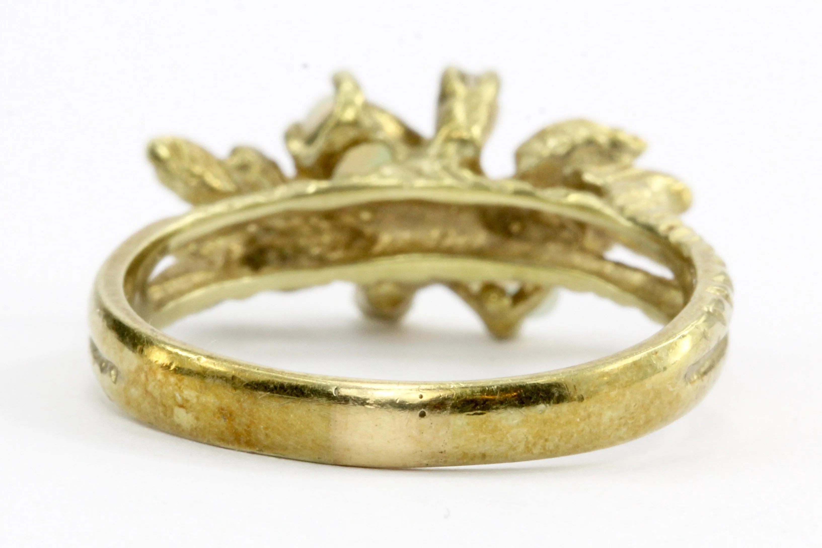 Retro 14K Gold Opal Diamond & Enamel Leaf Ring C.1960's