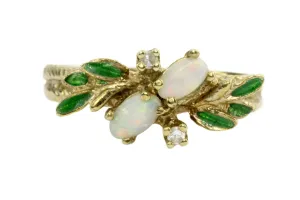 Retro 14K Gold Opal Diamond & Enamel Leaf Ring C.1960's