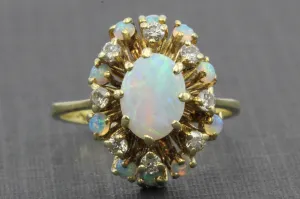 Retro 14K Gold Opal Diamond Cluster Ring c.1950's