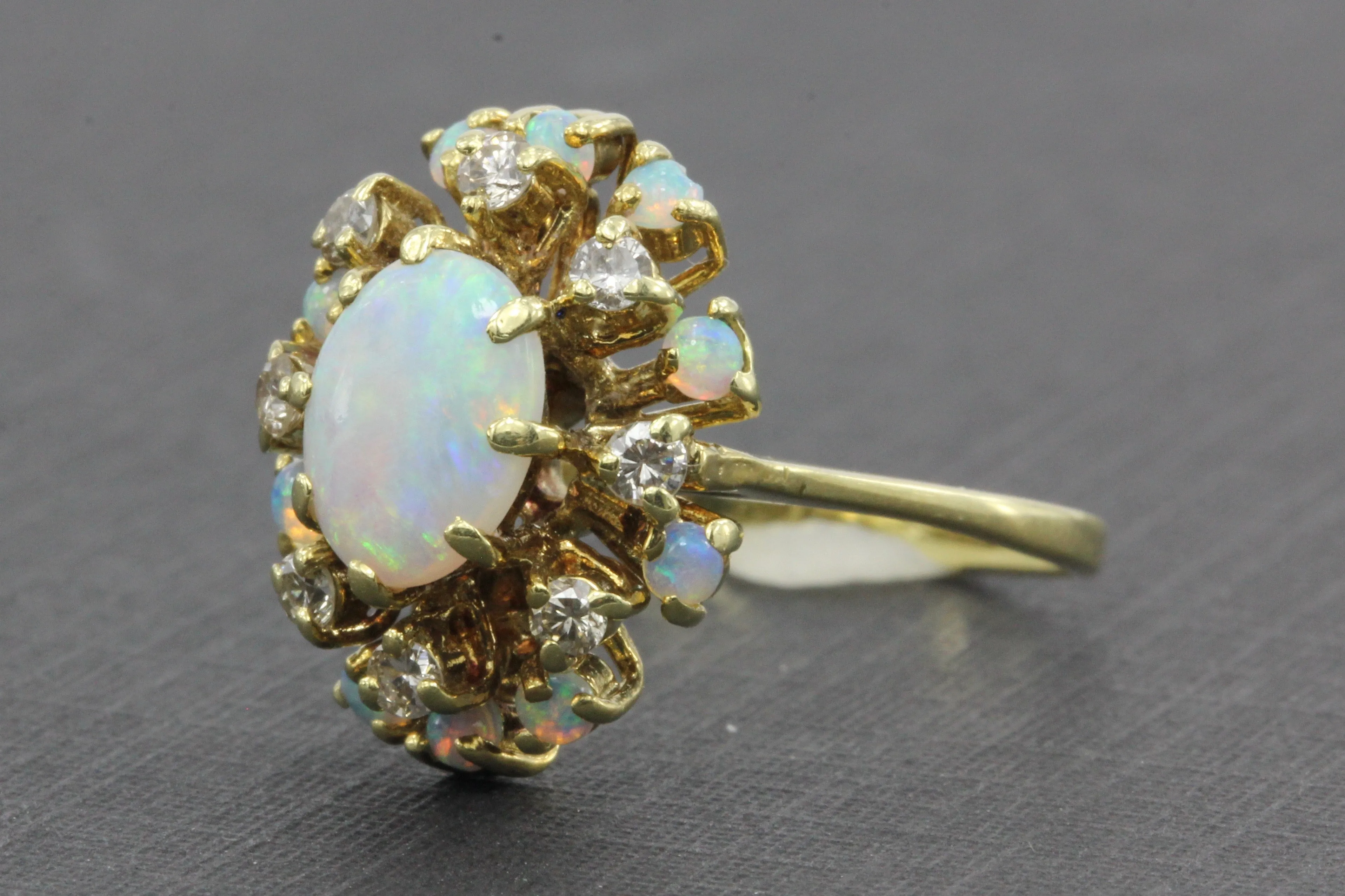 Retro 14K Gold Opal Diamond Cluster Ring c.1950's