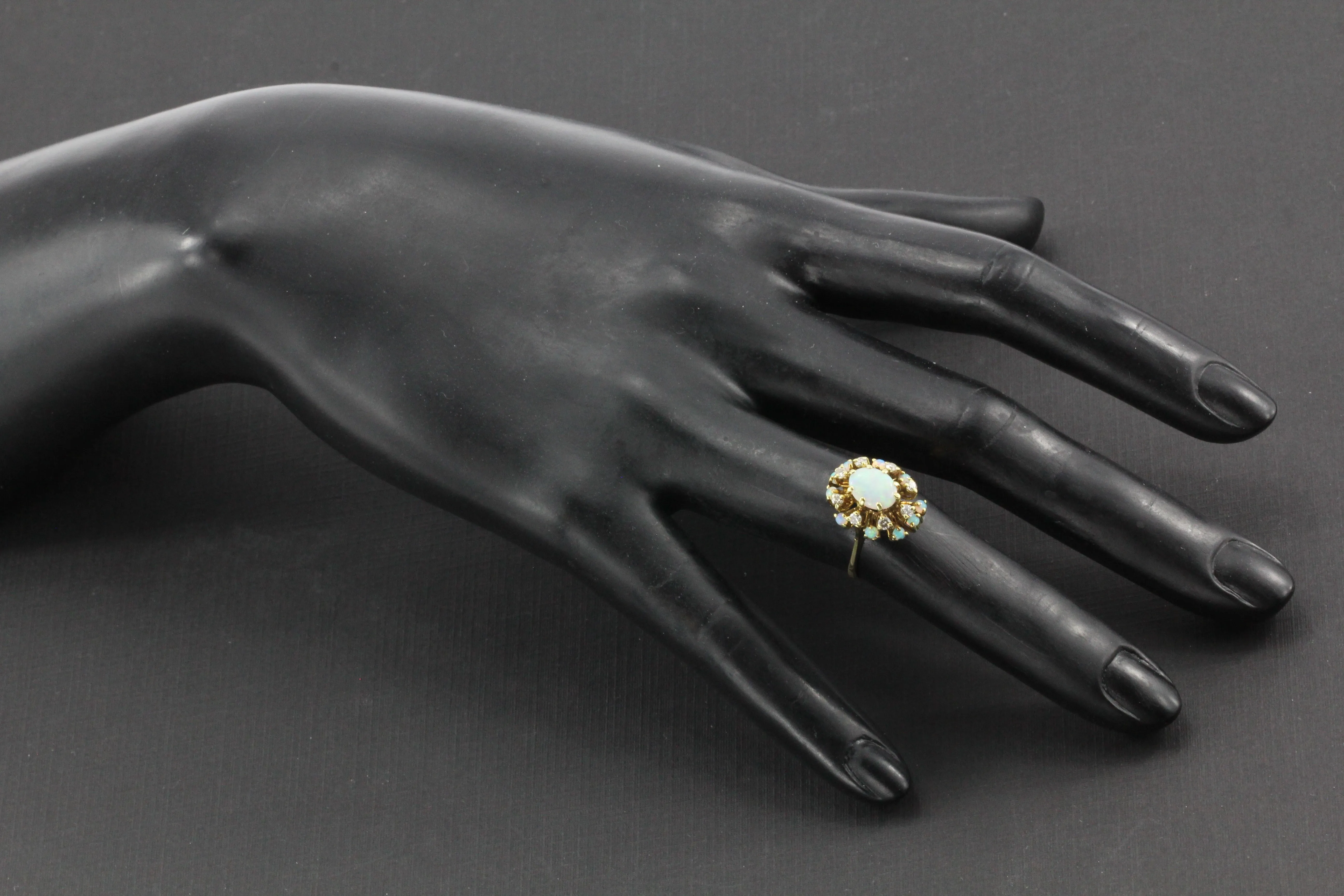 Retro 14K Gold Opal Diamond Cluster Ring c.1950's
