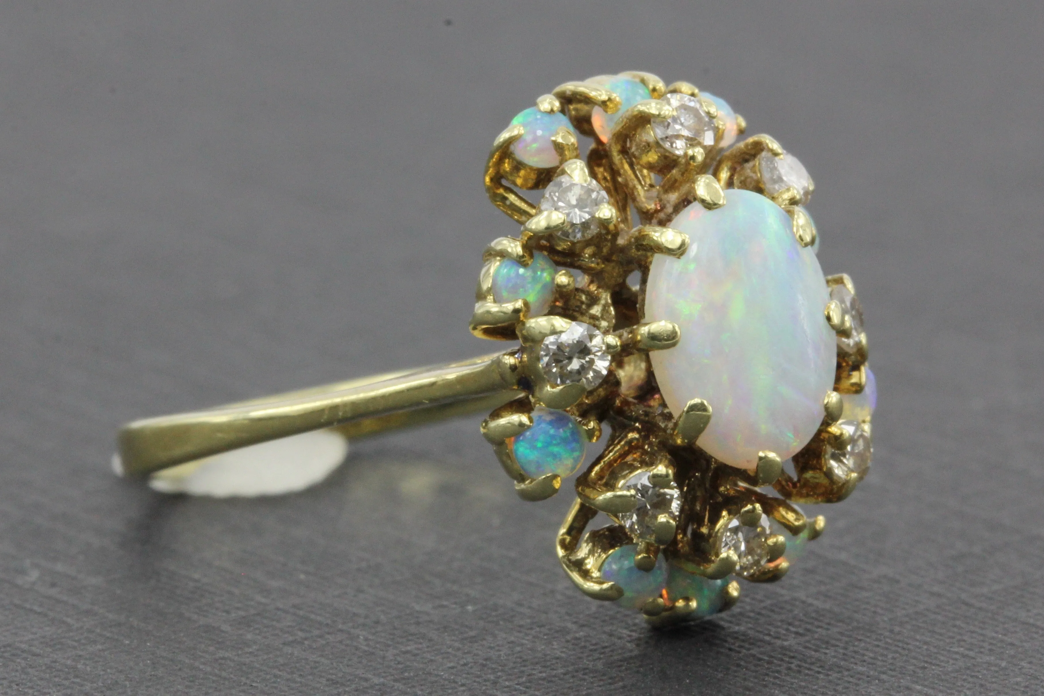 Retro 14K Gold Opal Diamond Cluster Ring c.1950's