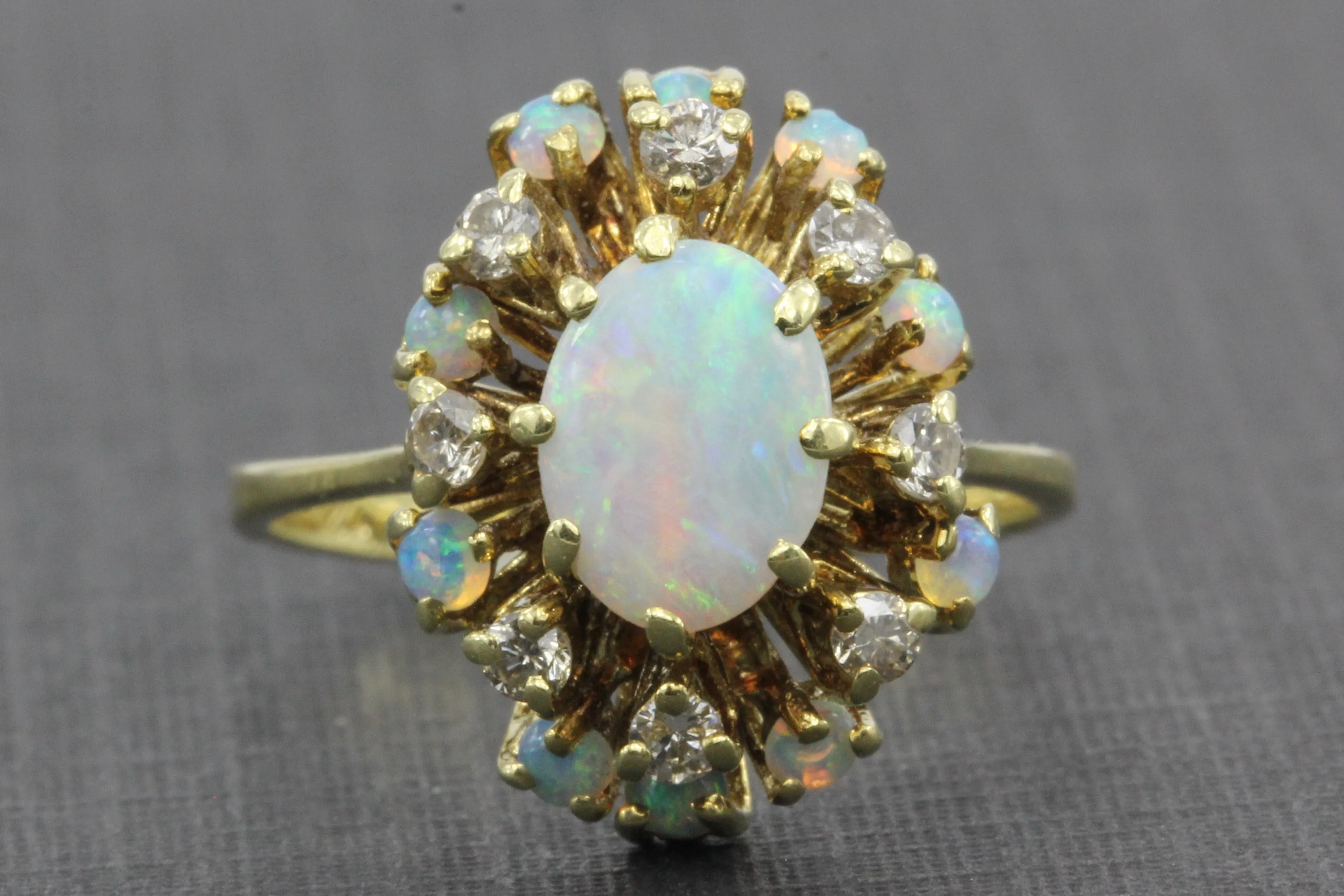 Retro 14K Gold Opal Diamond Cluster Ring c.1950's