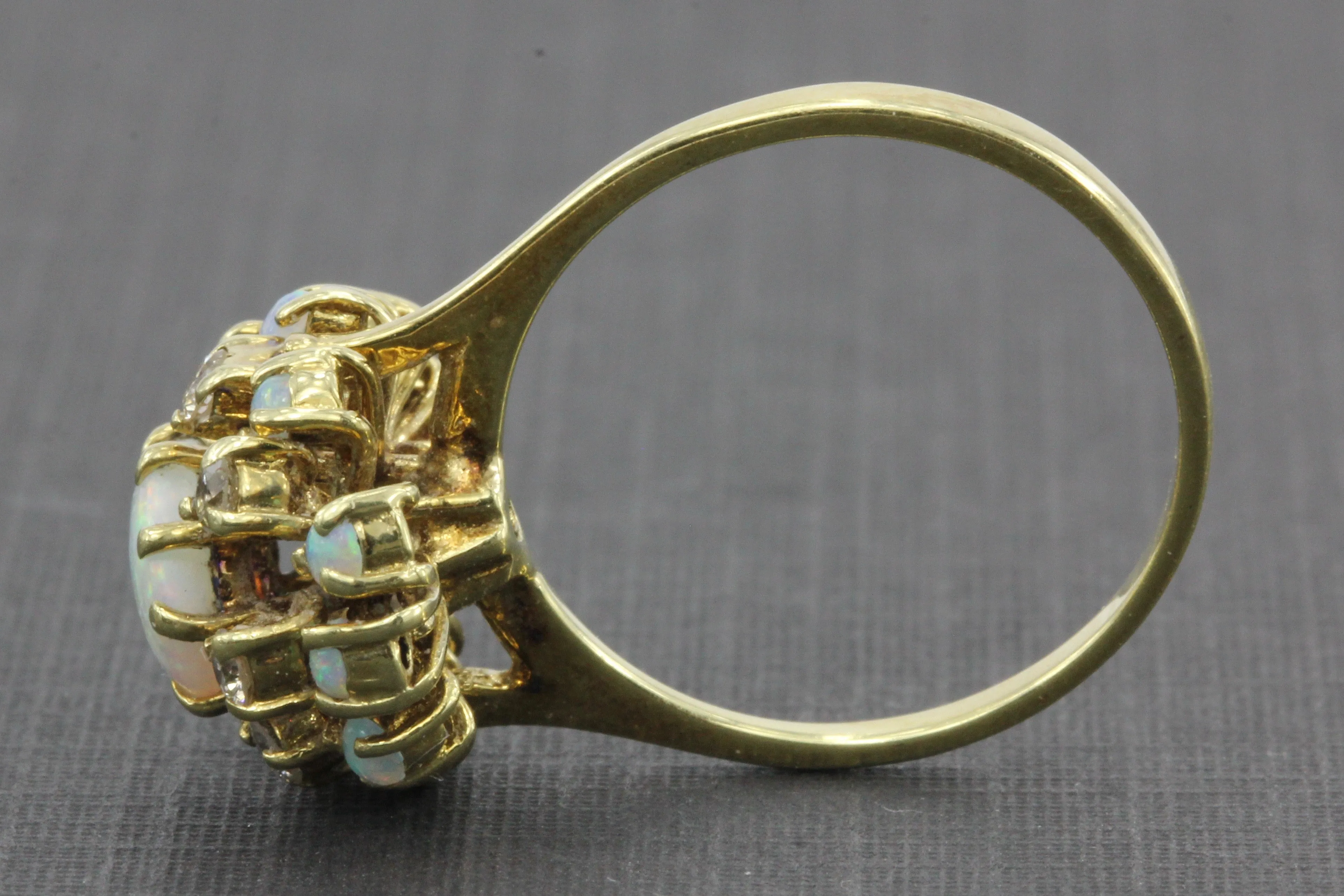 Retro 14K Gold Opal Diamond Cluster Ring c.1950's