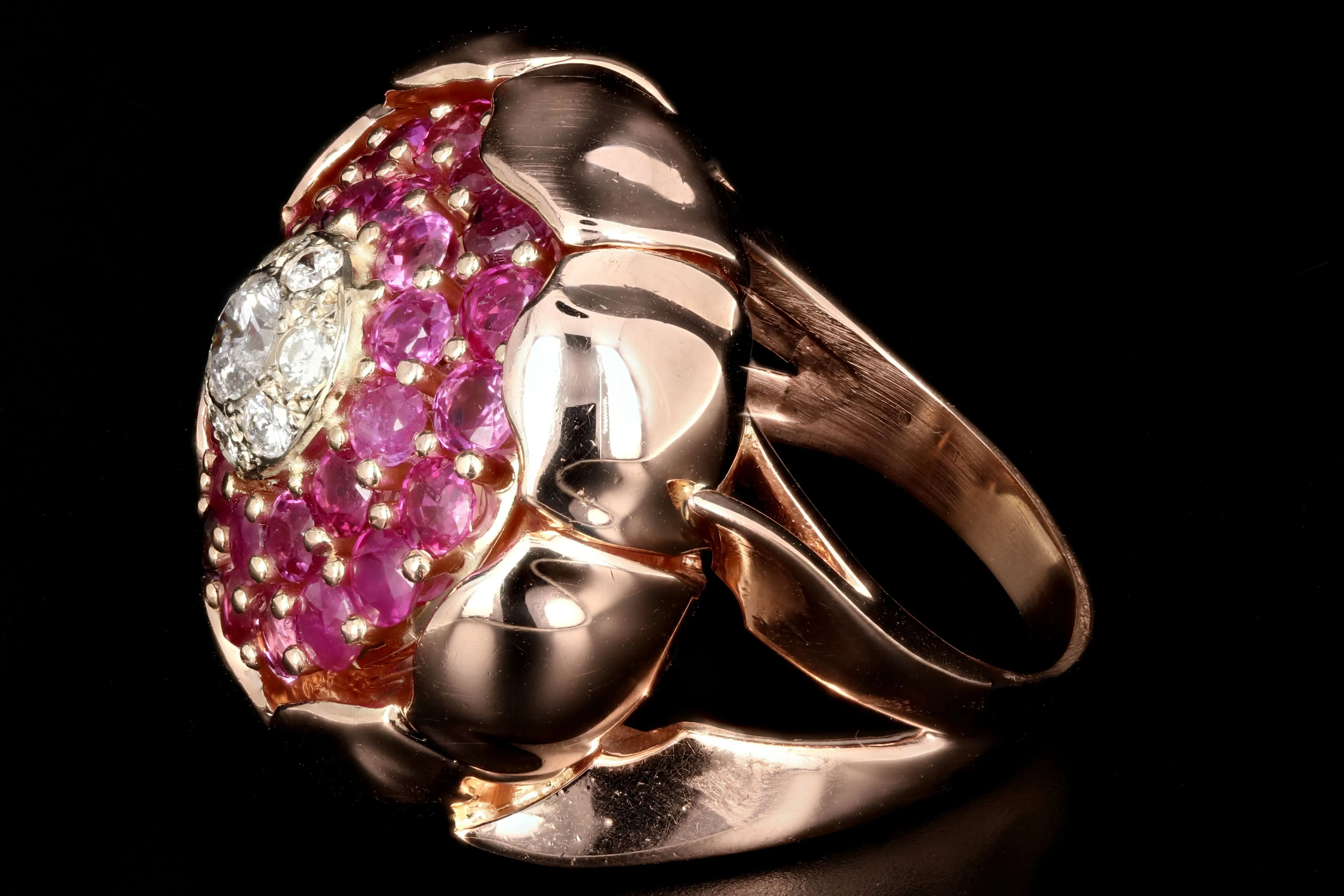 Retro 14K Rose Gold 2.5 Carat Natural Ruby and Diamond Cocktail Ring