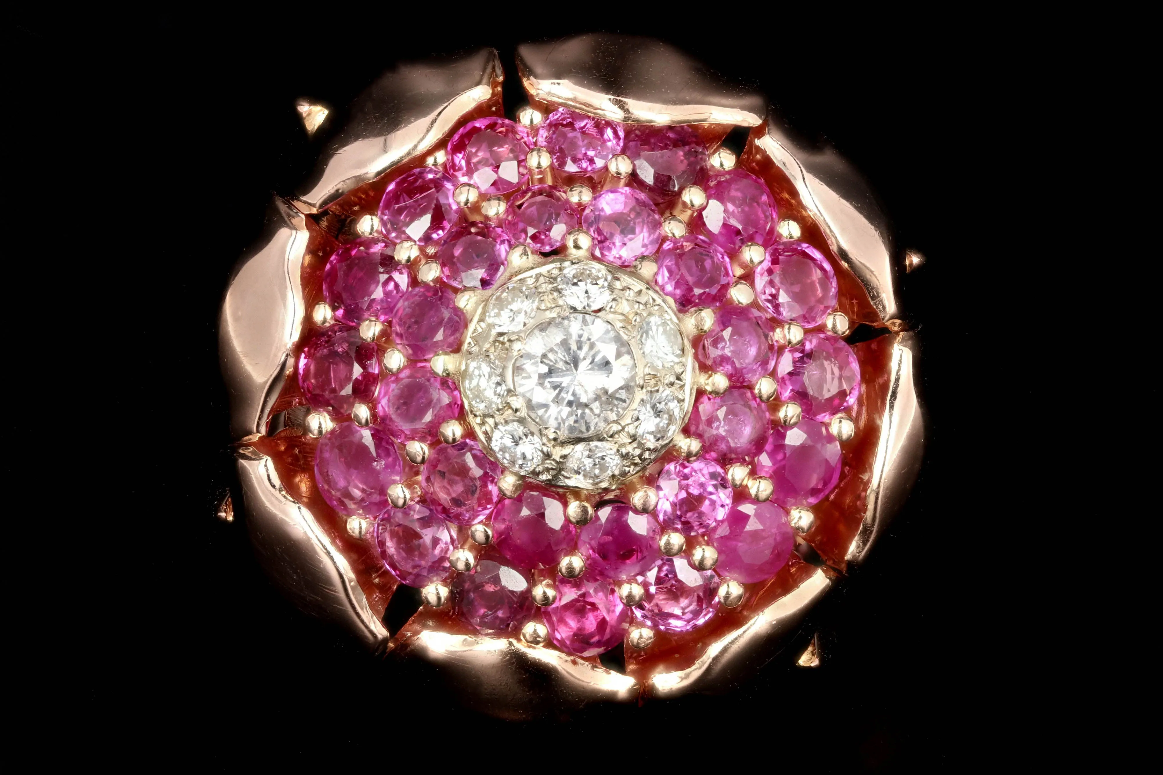 Retro 14K Rose Gold 2.5 Carat Natural Ruby and Diamond Cocktail Ring