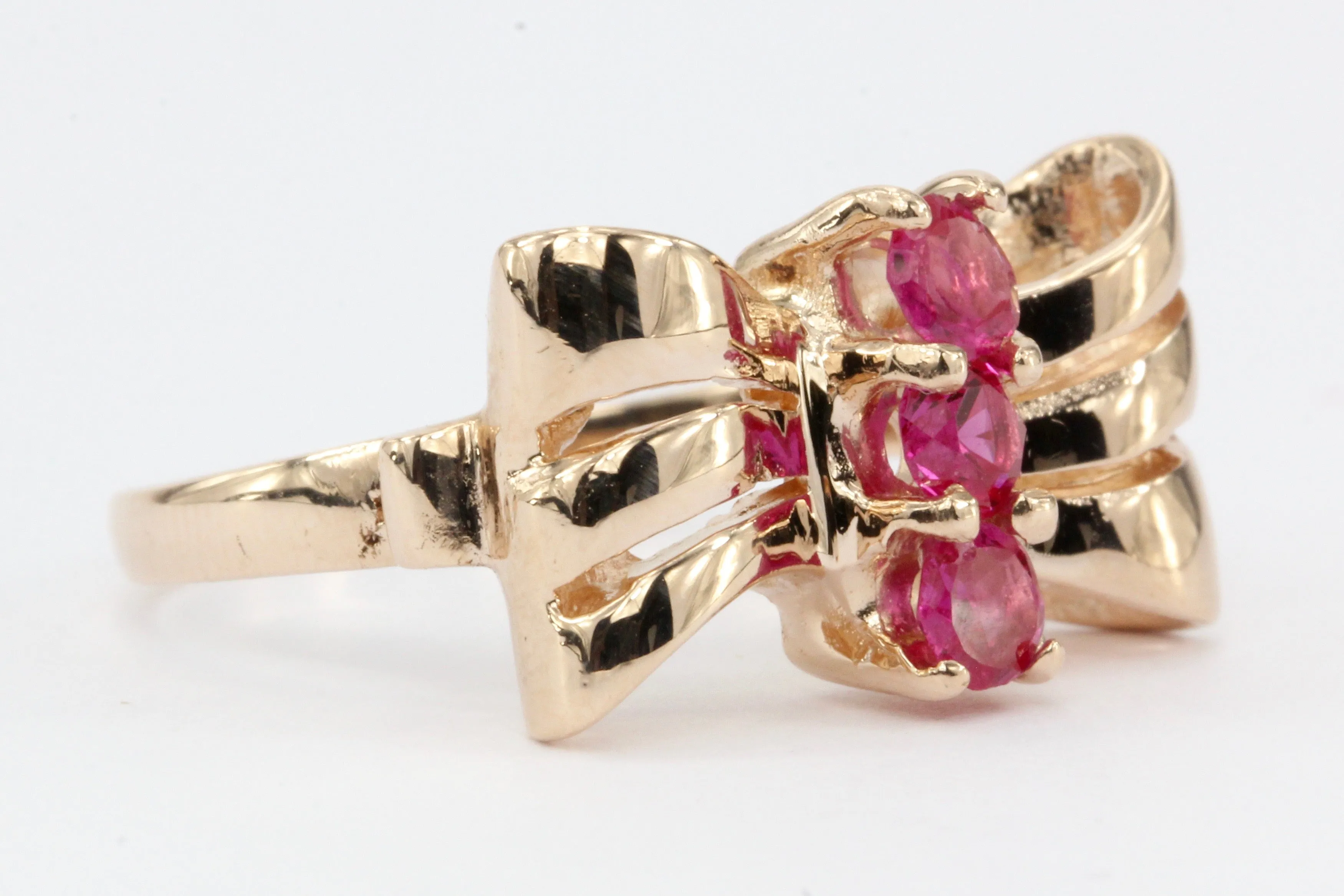 Retro 14K Rose Gold Ruby Bow Ring c.1950's