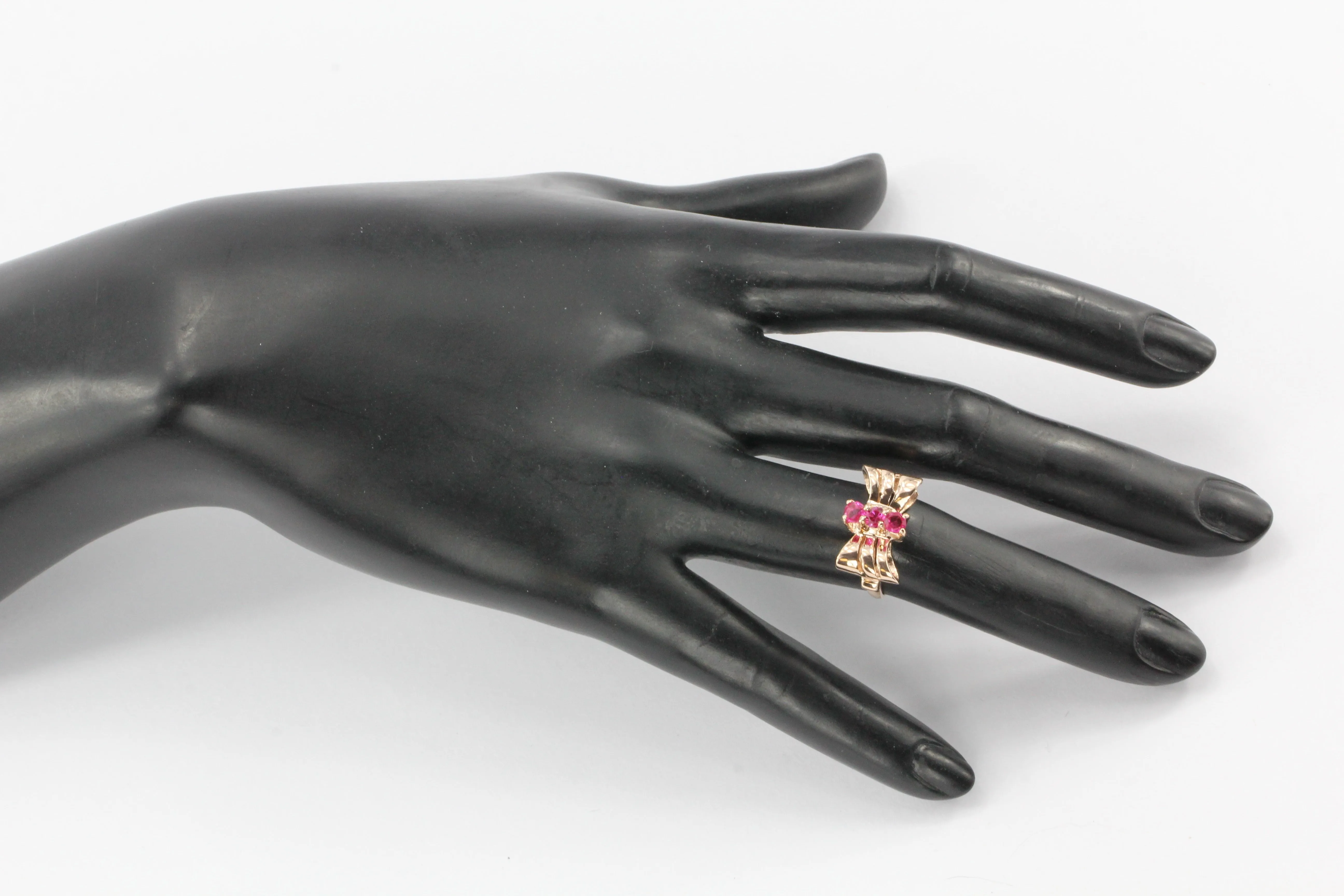 Retro 14K Rose Gold Ruby Bow Ring c.1950's