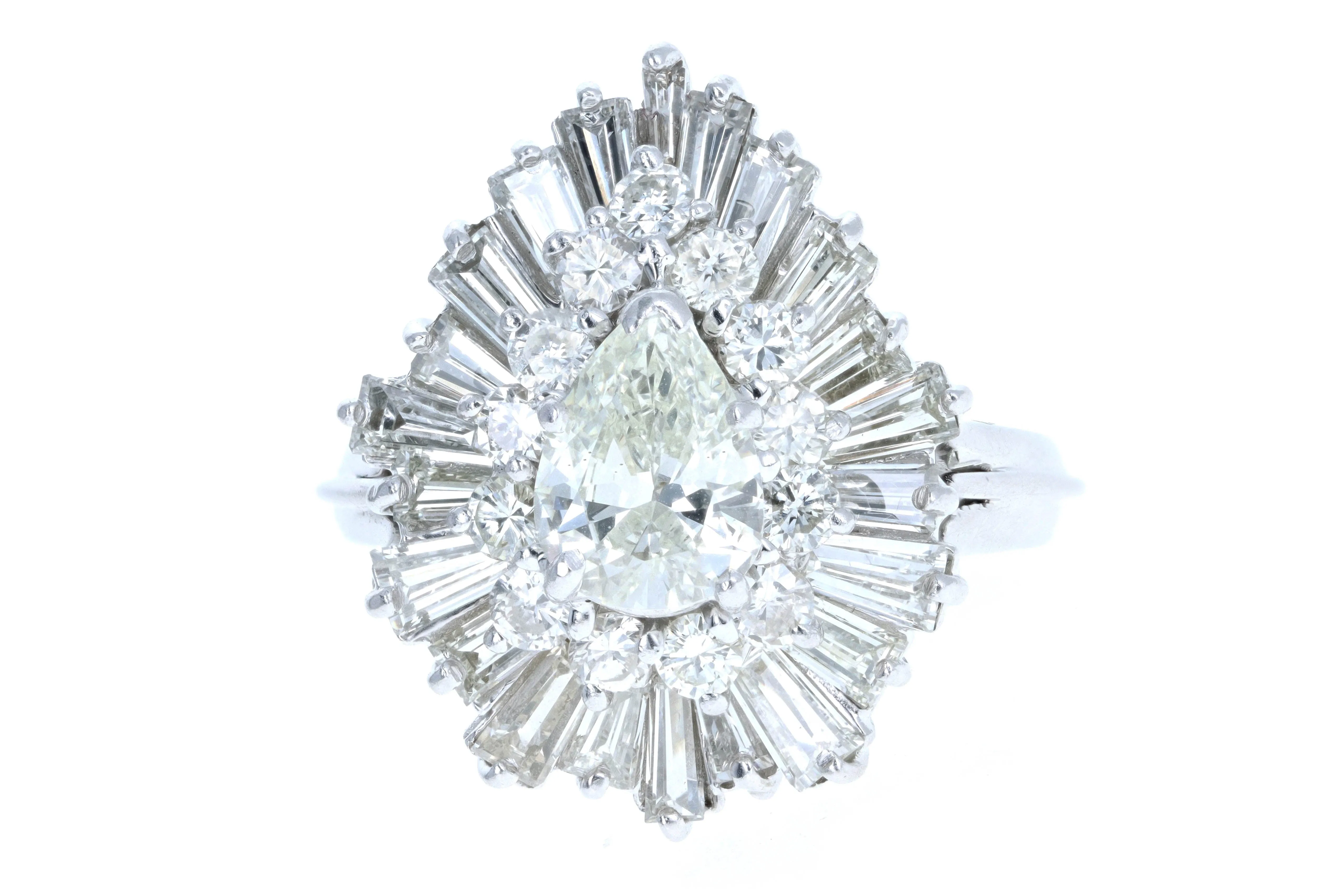 Retro 14K White Gold 0.75 Carat Pear Cut Diamond Ballerina Halo Ring