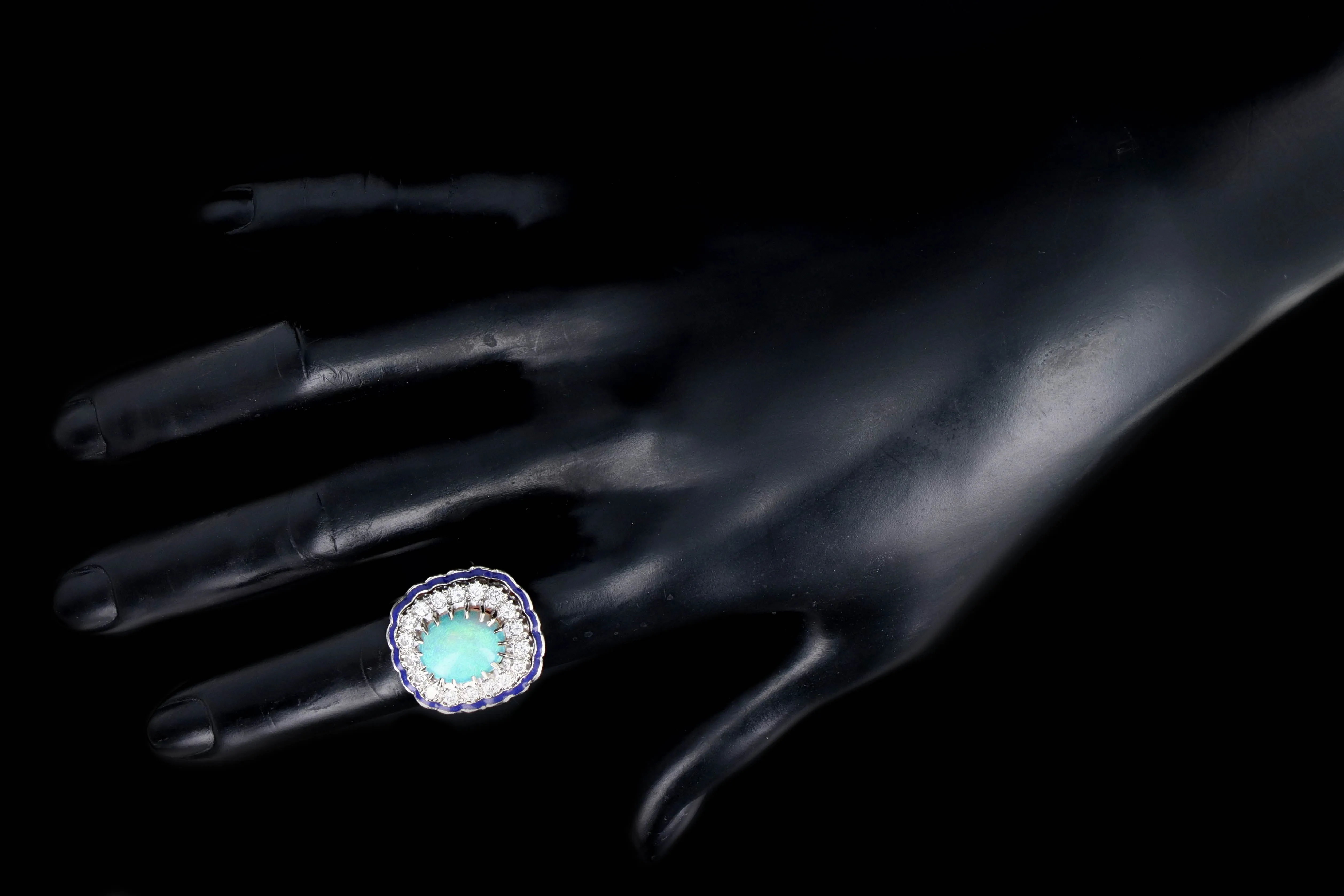 Retro 14K White Gold 3 Carat Opal & Diamond Ring