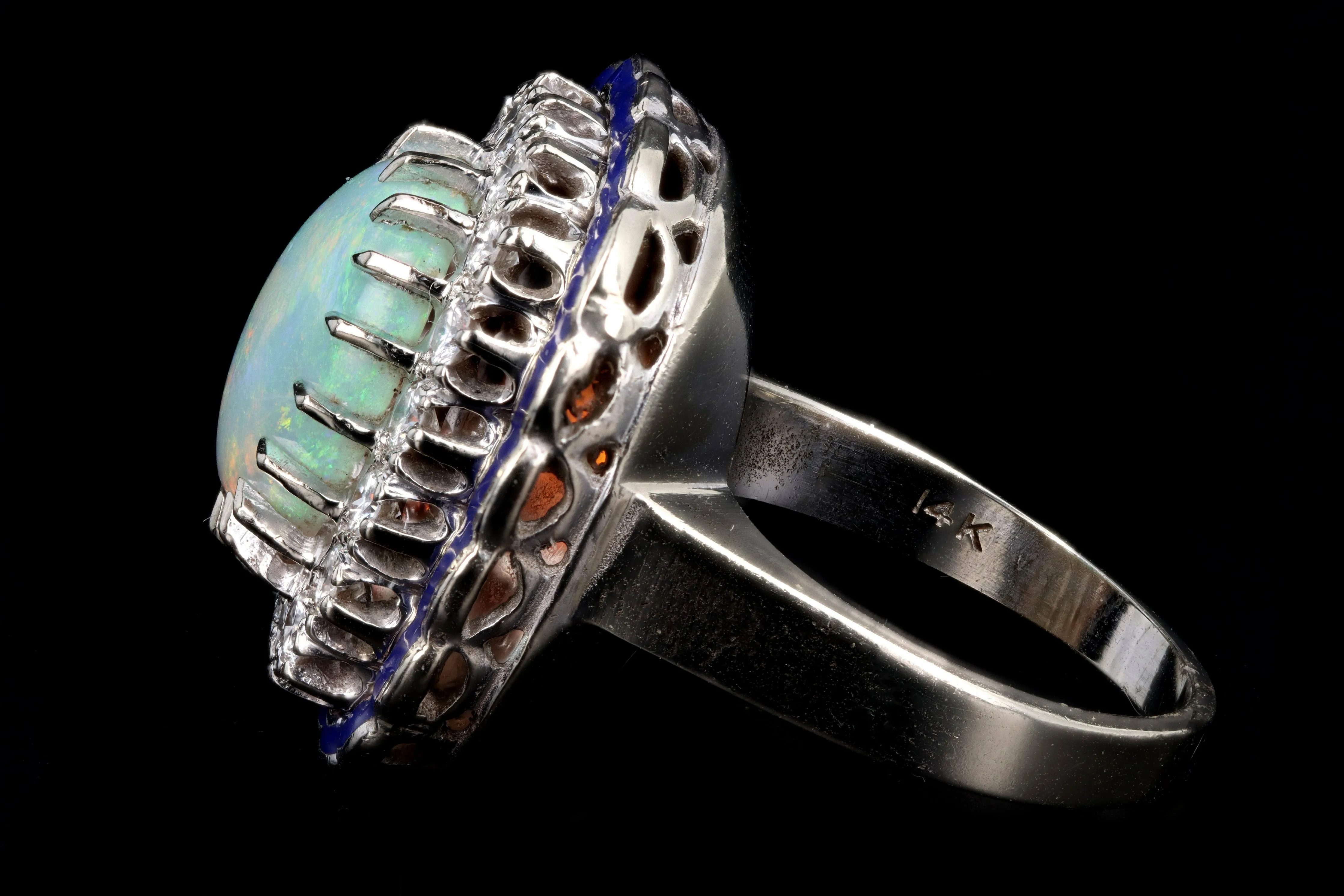 Retro 14K White Gold 3 Carat Opal & Diamond Ring
