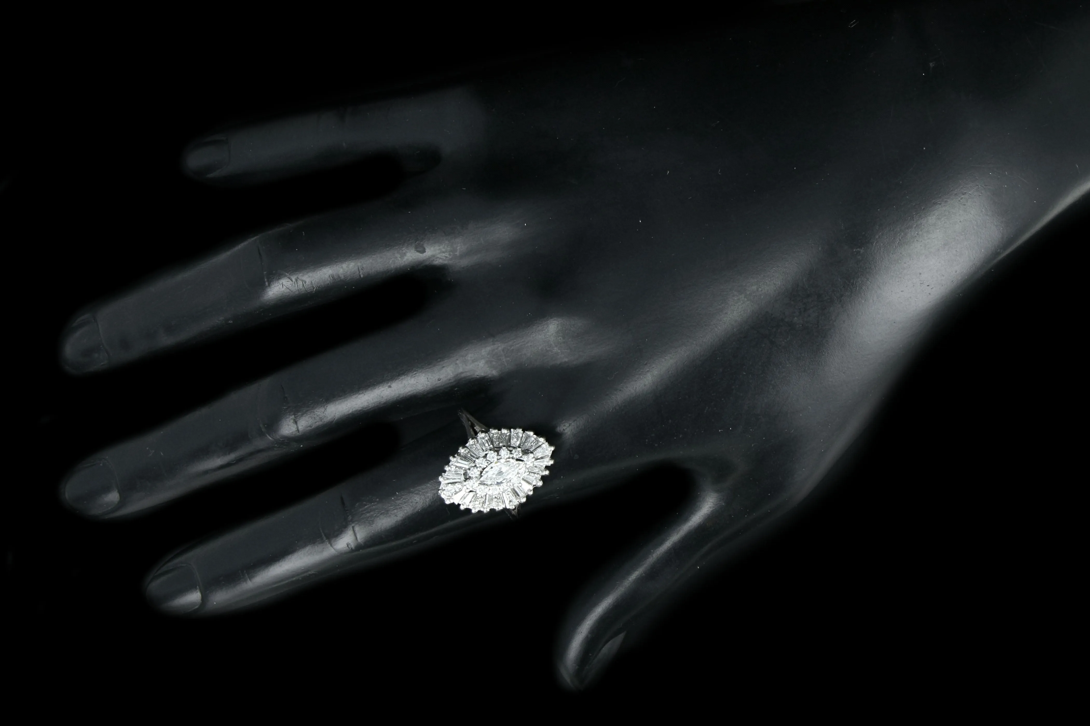 Retro 14K White Gold .30 Carat Marquise Cut Diamond Ballerina Ring