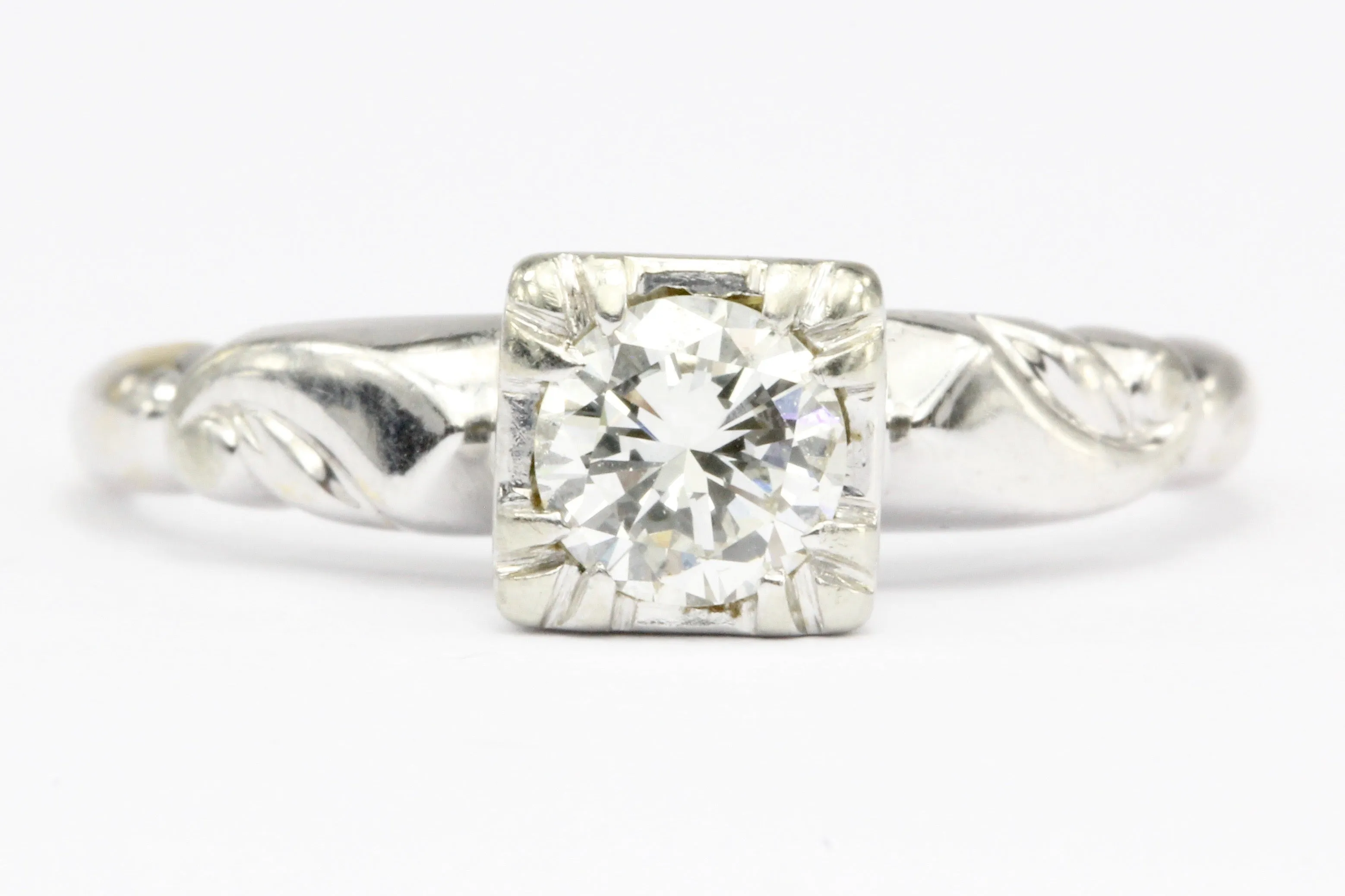 Retro 14K White Gold .40 CT Diamond Engagement Ring Size 5