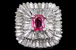 Retro 14K White Gold .60 Carat Natural Pink Sapphire and Baguette Cut Diamond Ring