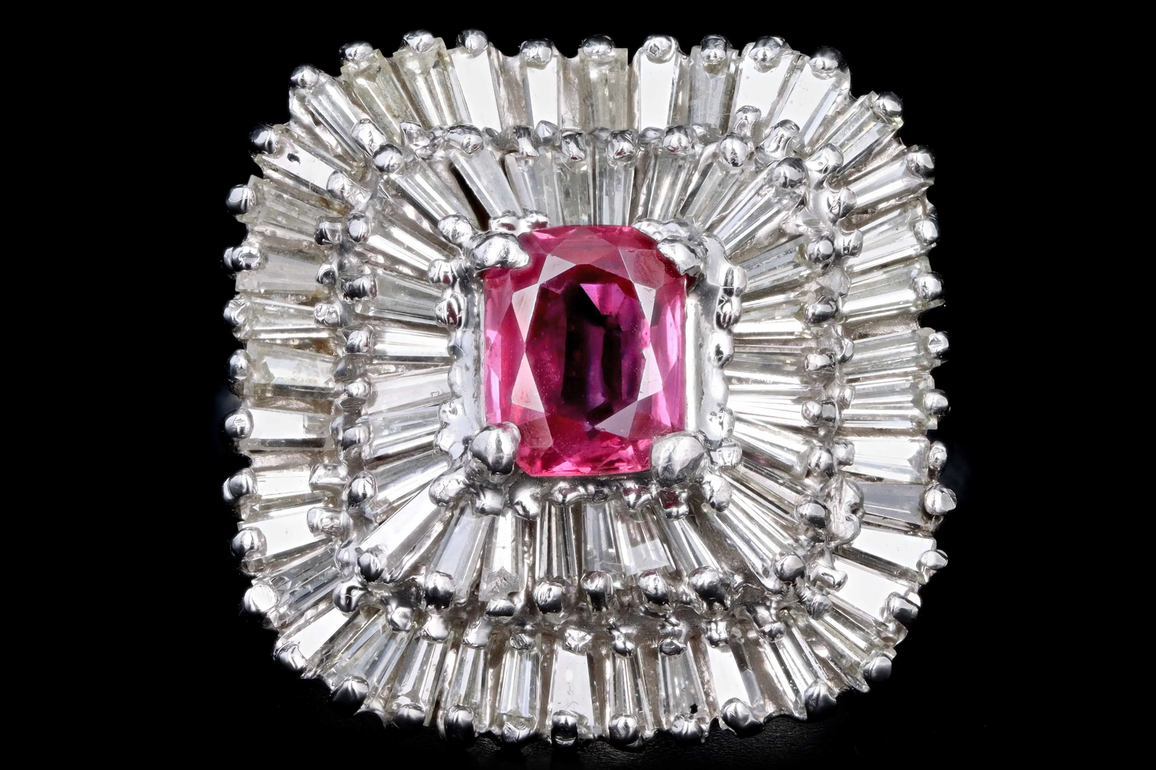 Retro 14K White Gold .60 Carat Natural Pink Sapphire and Baguette Cut Diamond Ring