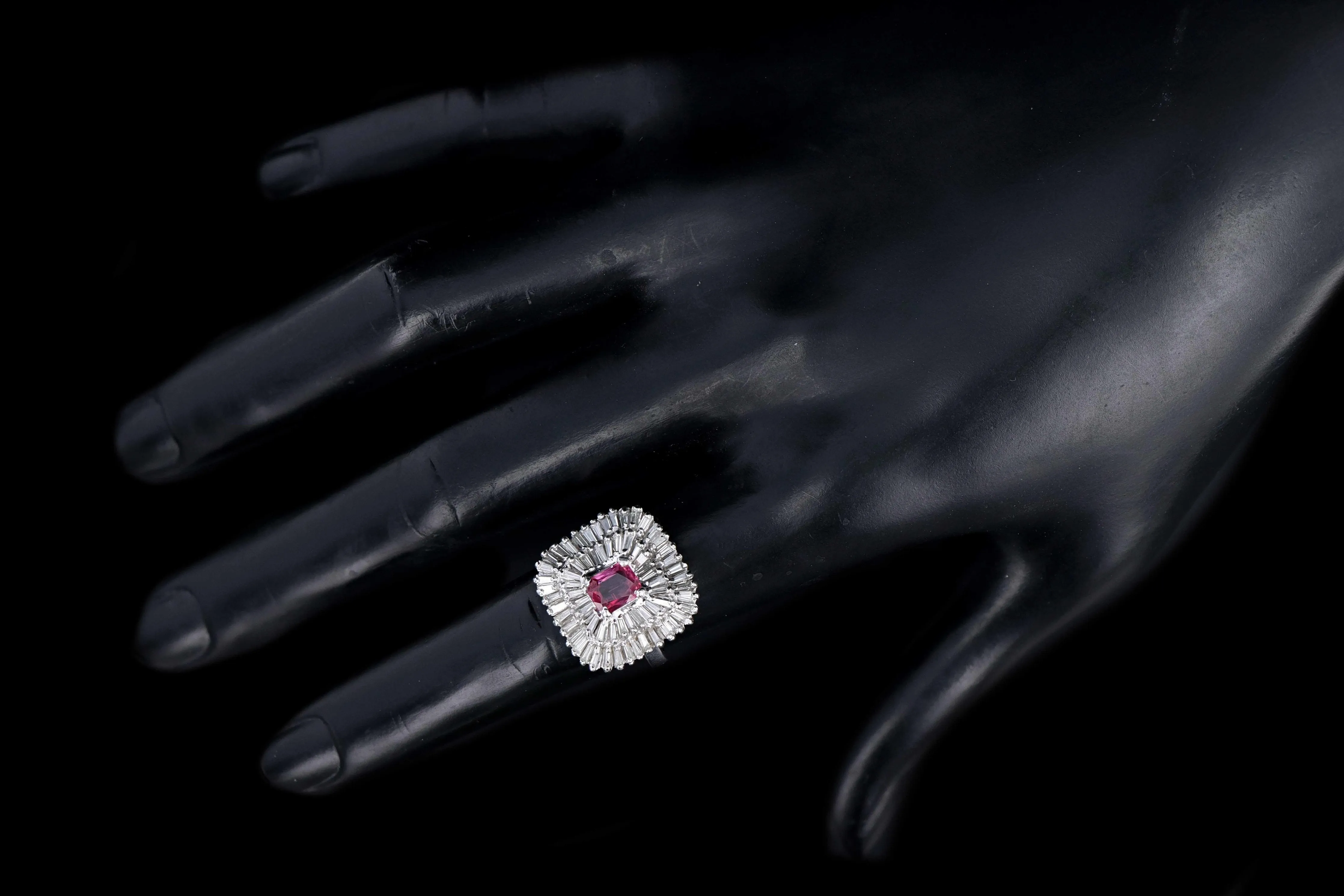 Retro 14K White Gold .60 Carat Natural Pink Sapphire and Baguette Cut Diamond Ring
