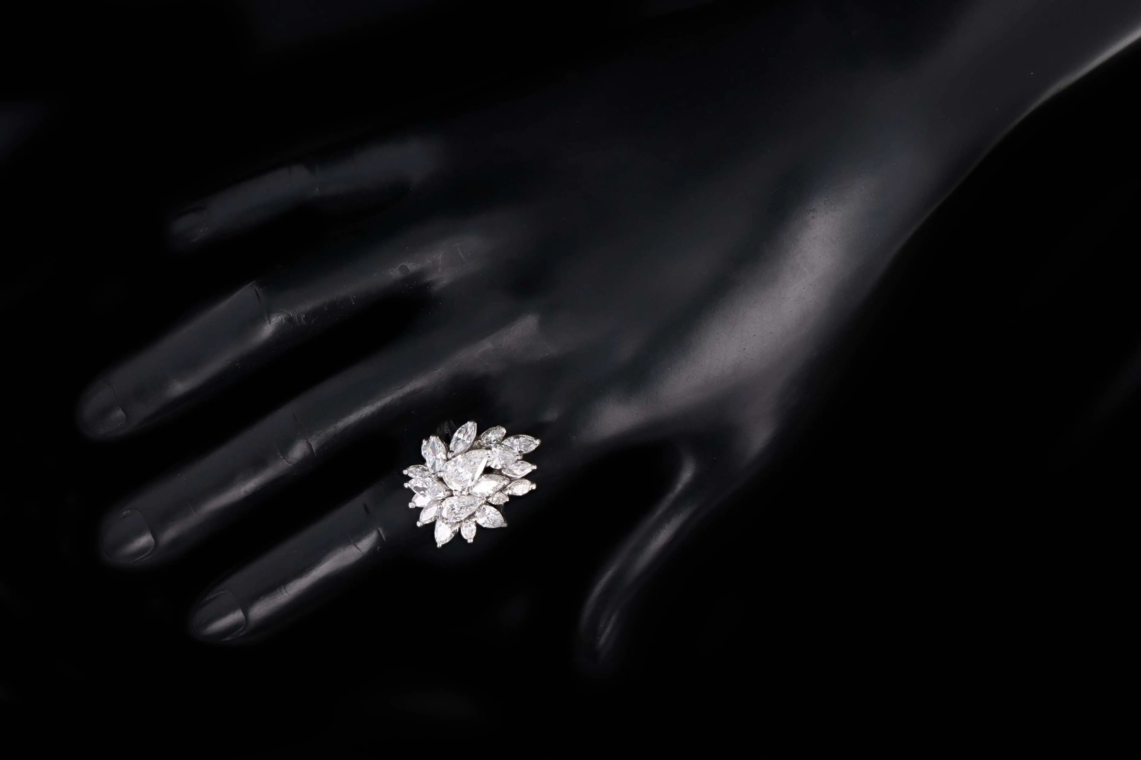 Retro 14K White Gold 6.0 Carat Total Weight Pear Cut Diamond Cluster Ring