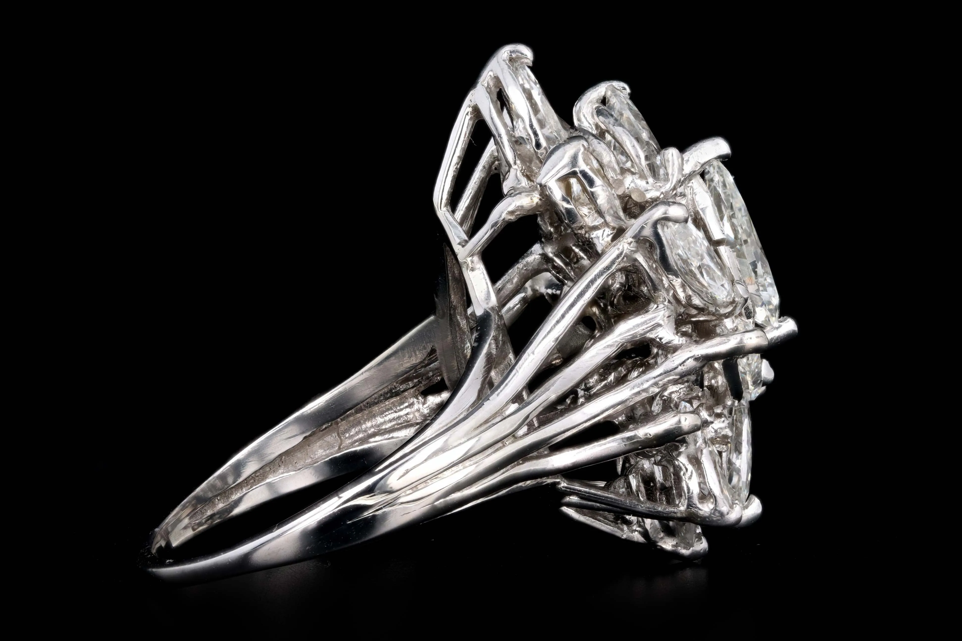 Retro 14K White Gold 6.0 Carat Total Weight Pear Cut Diamond Cluster Ring