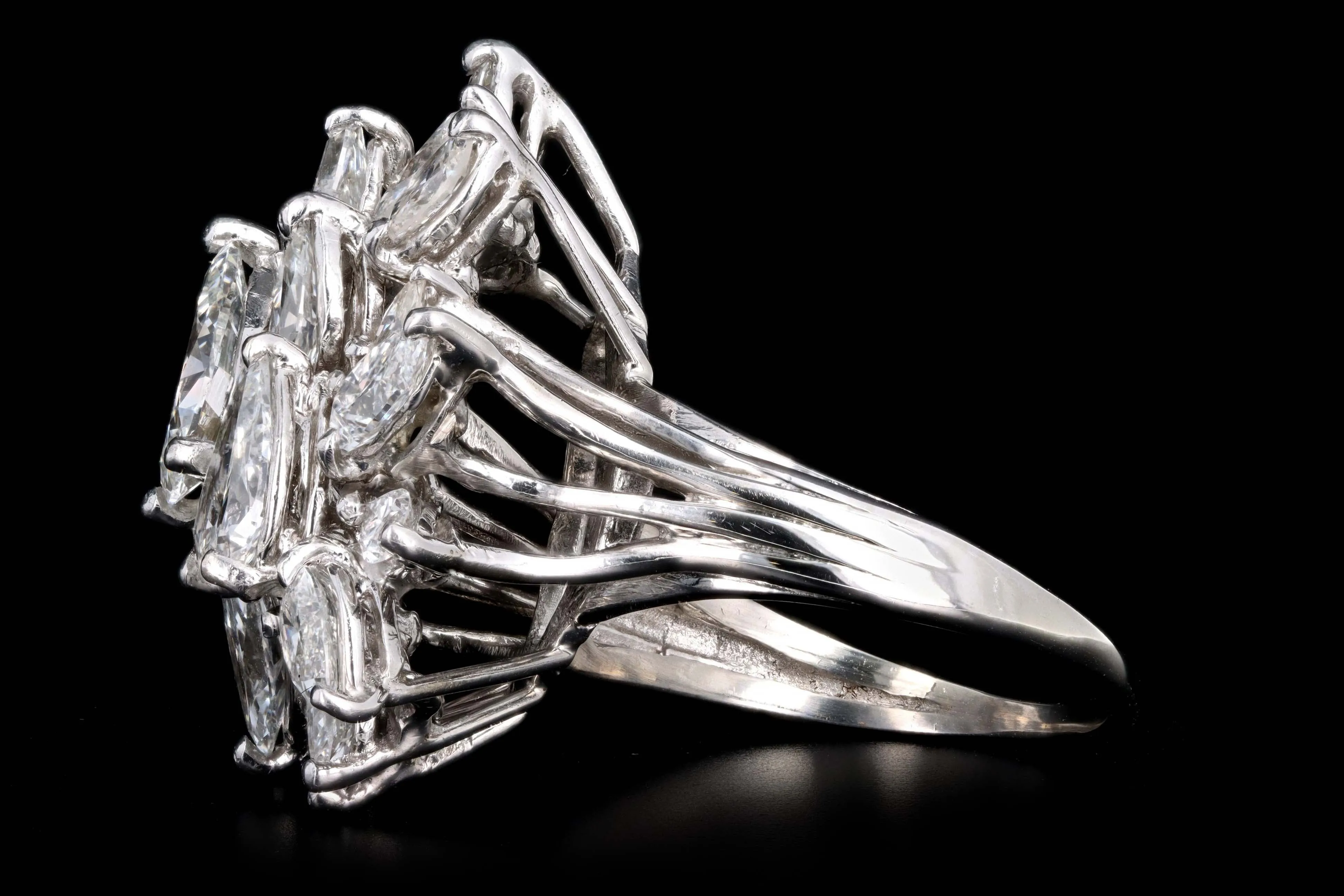 Retro 14K White Gold 6.0 Carat Total Weight Pear Cut Diamond Cluster Ring