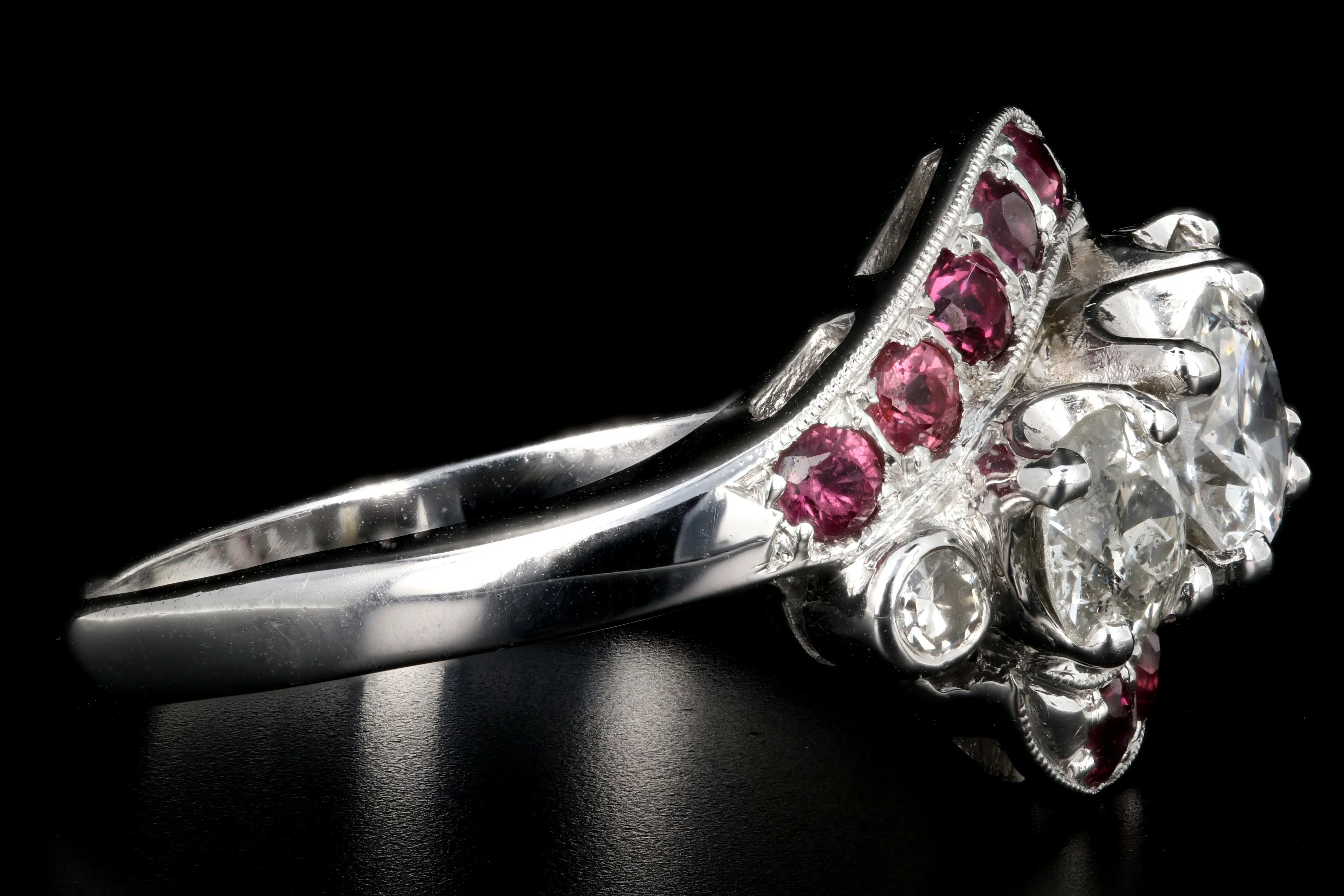 Retro 14K White Gold Diamond & Ruby Ring c.1950's