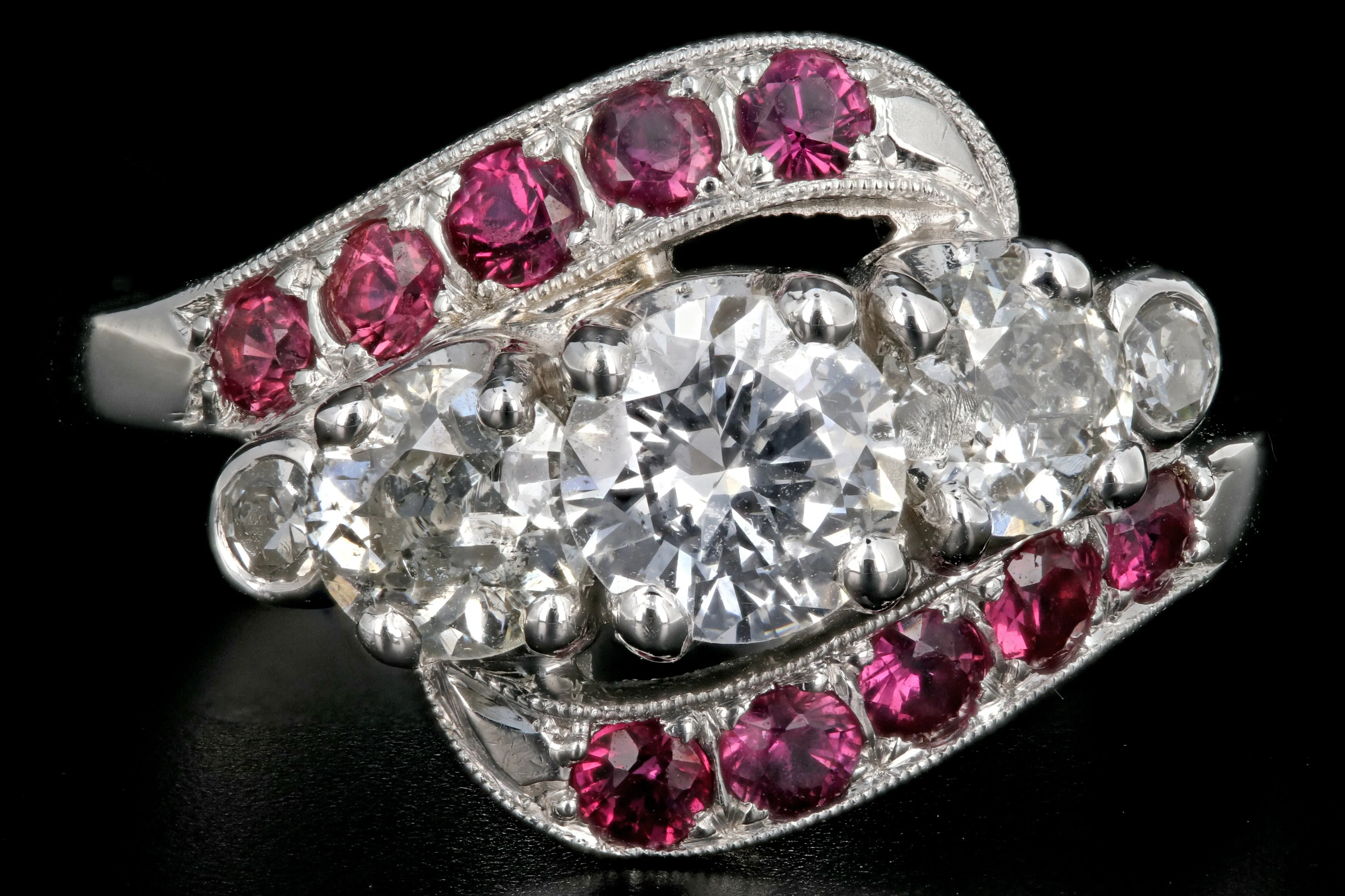 Retro 14K White Gold Diamond & Ruby Ring c.1950's