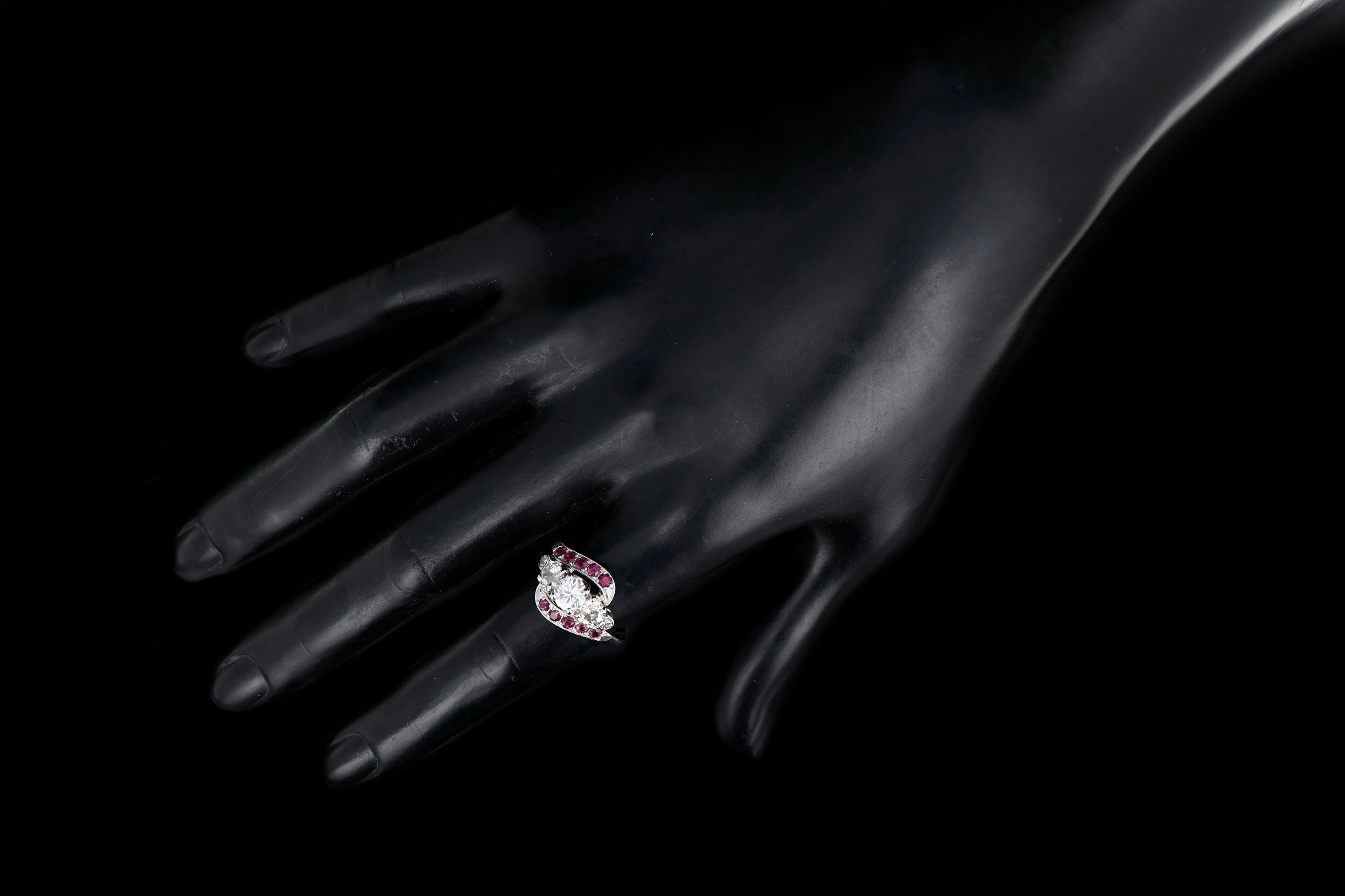 Retro 14K White Gold Diamond & Ruby Ring c.1950's