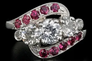 Retro 14K White Gold Diamond & Ruby Ring c.1950's
