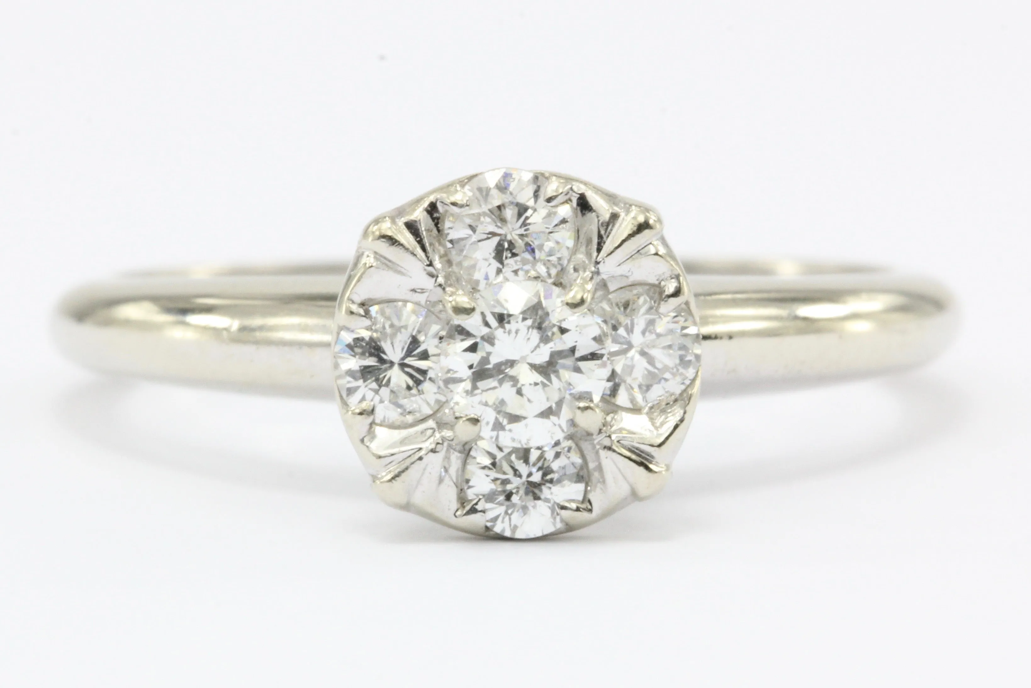 Retro 14K White Gold Diamond Cluster Engagement Ring by Fiancee c.1970