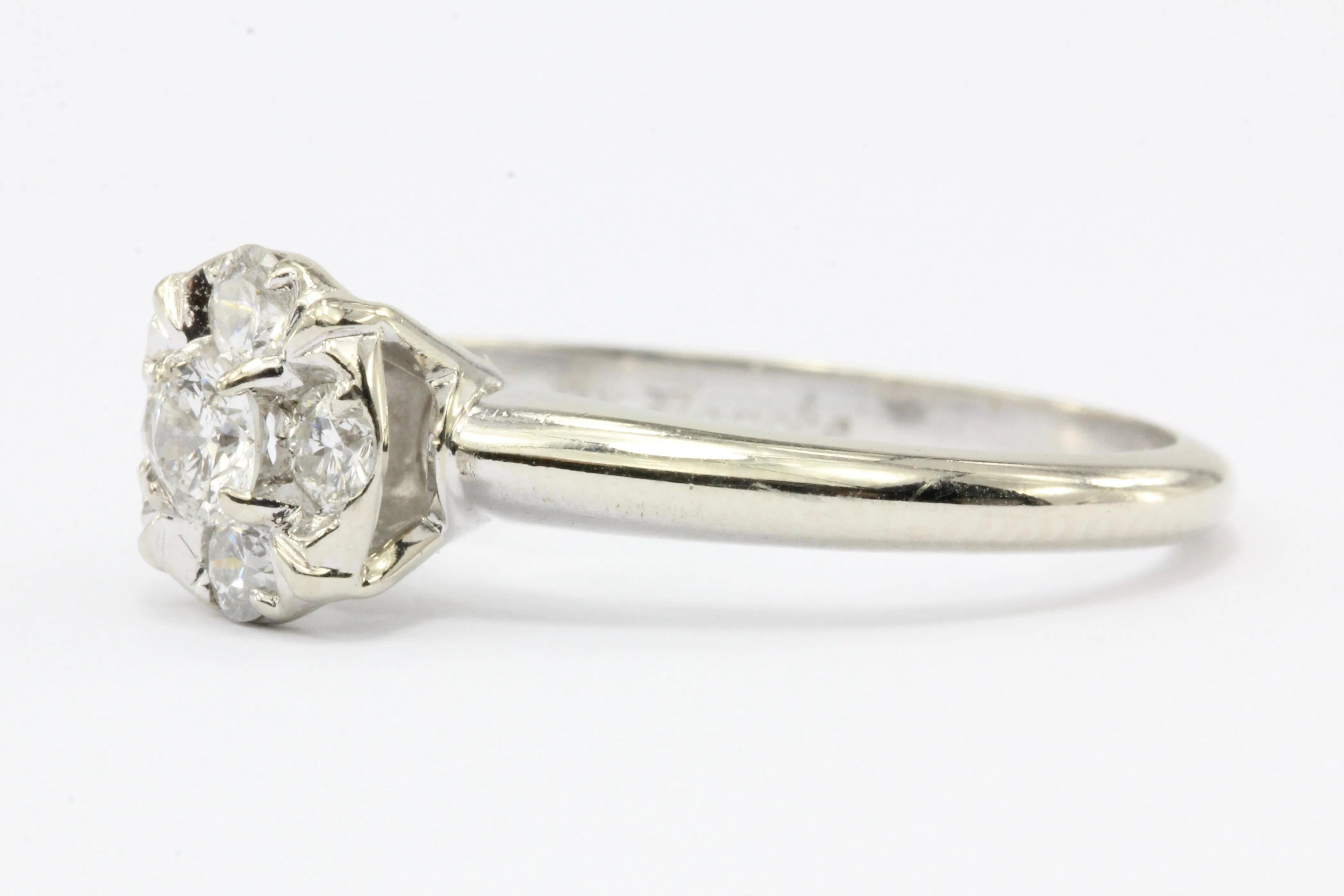 Retro 14K White Gold Diamond Cluster Engagement Ring by Fiancee c.1970