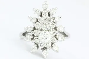 Retro 14K White Gold Diamond Cluster Raindrop Tru Brite Ring 1.5 CTW