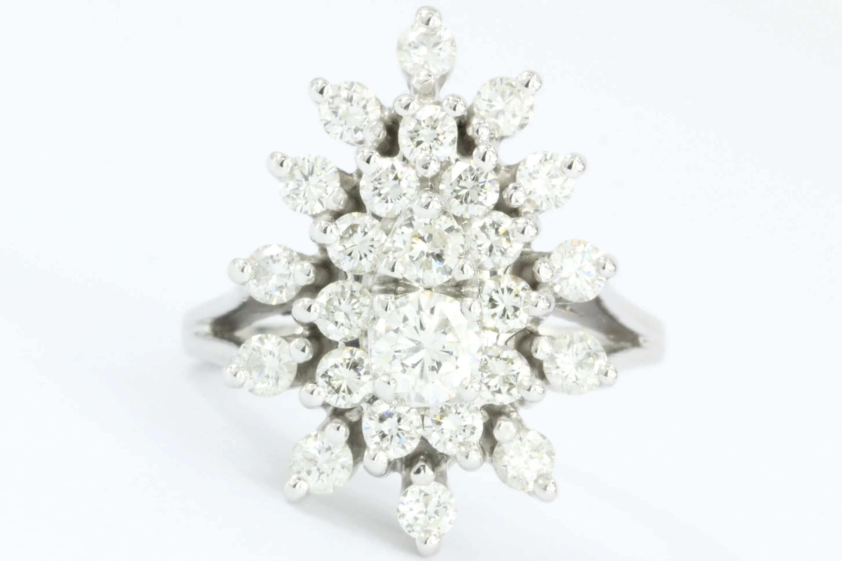 Retro 14K White Gold Diamond Cluster Raindrop Tru Brite Ring 1.5 CTW