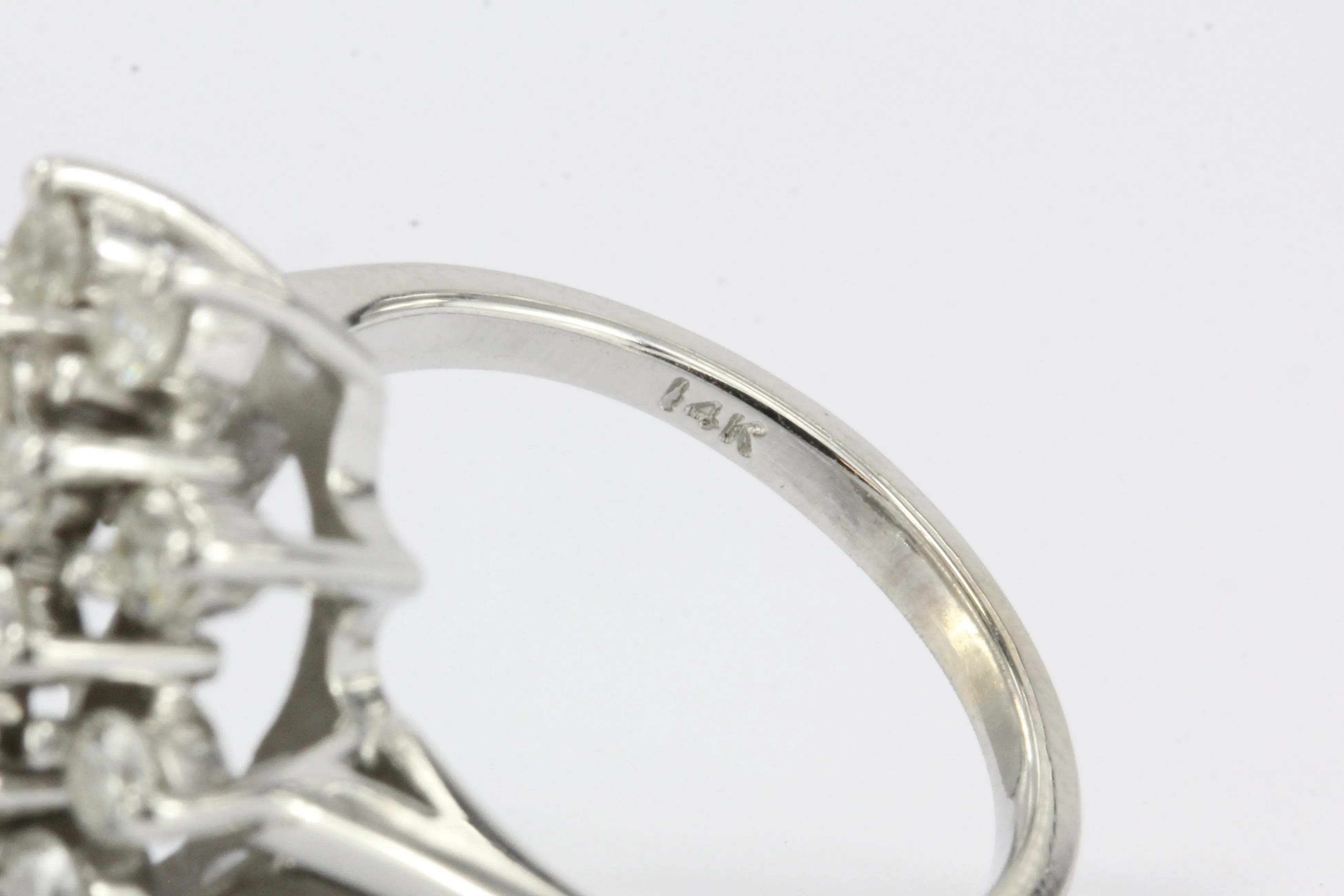 Retro 14K White Gold Diamond Cluster Raindrop Tru Brite Ring 1.5 CTW