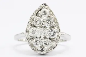 Retro 14K White Gold Diamond Rain Drop Ring c.1950's