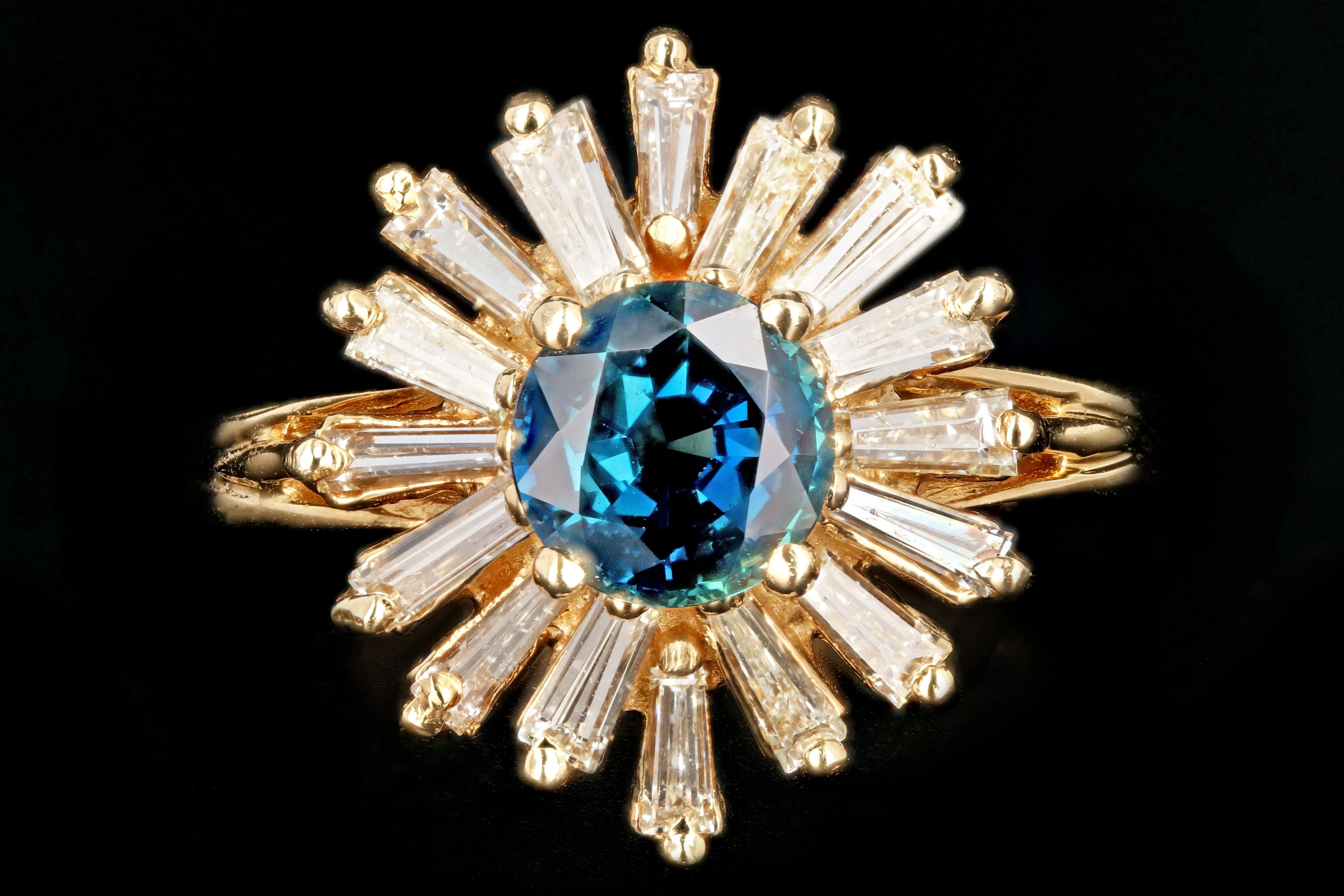 Retro 14K Yellow Gold 1 CT Natural Sapphire and Tapered Baguette Diamond Ring