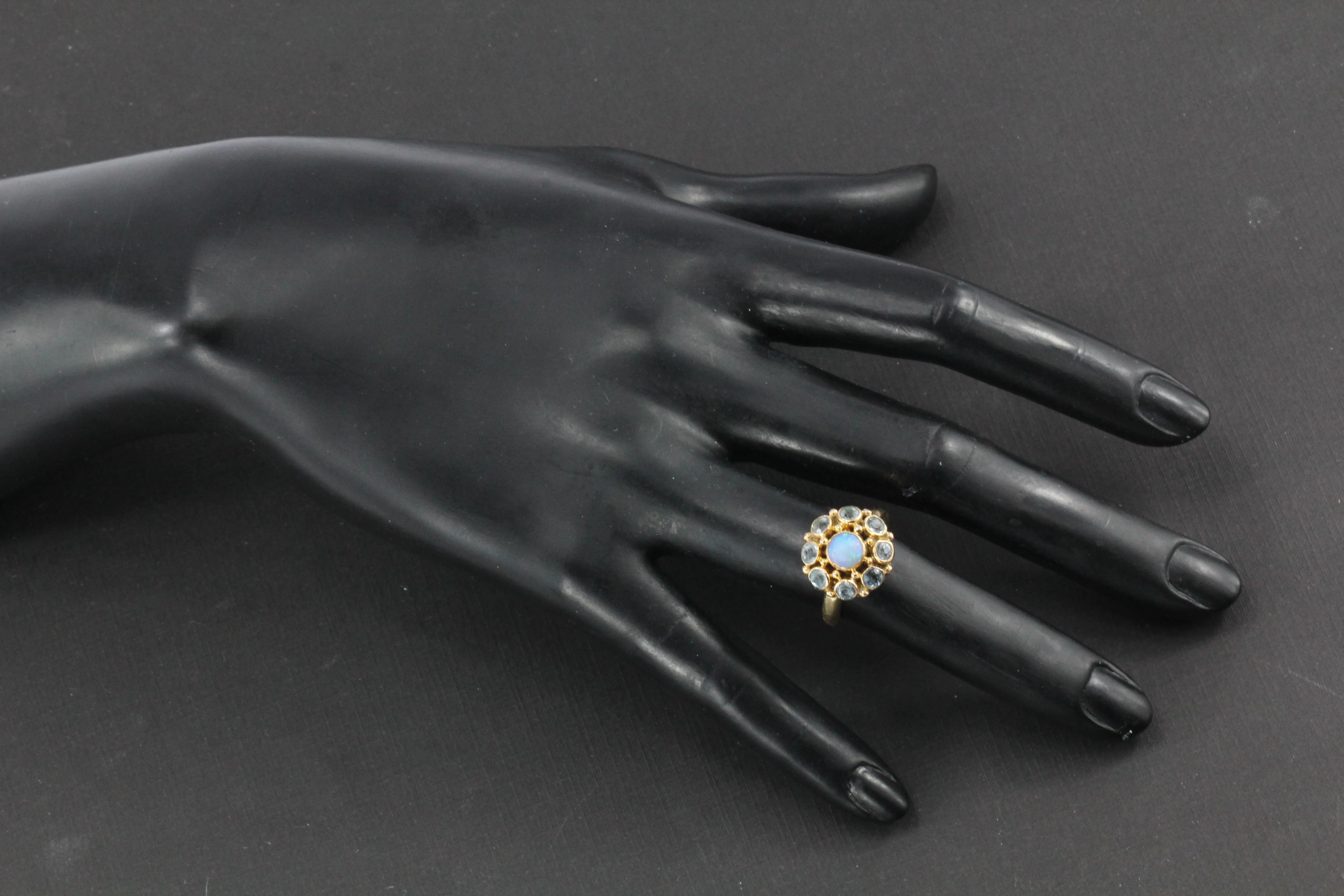 Retro 14K Yellow Gold Opal and Aquamarine Flower Ring Size 6.25