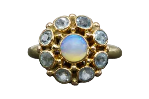 Retro 14K Yellow Gold Opal and Aquamarine Flower Ring Size 6.25