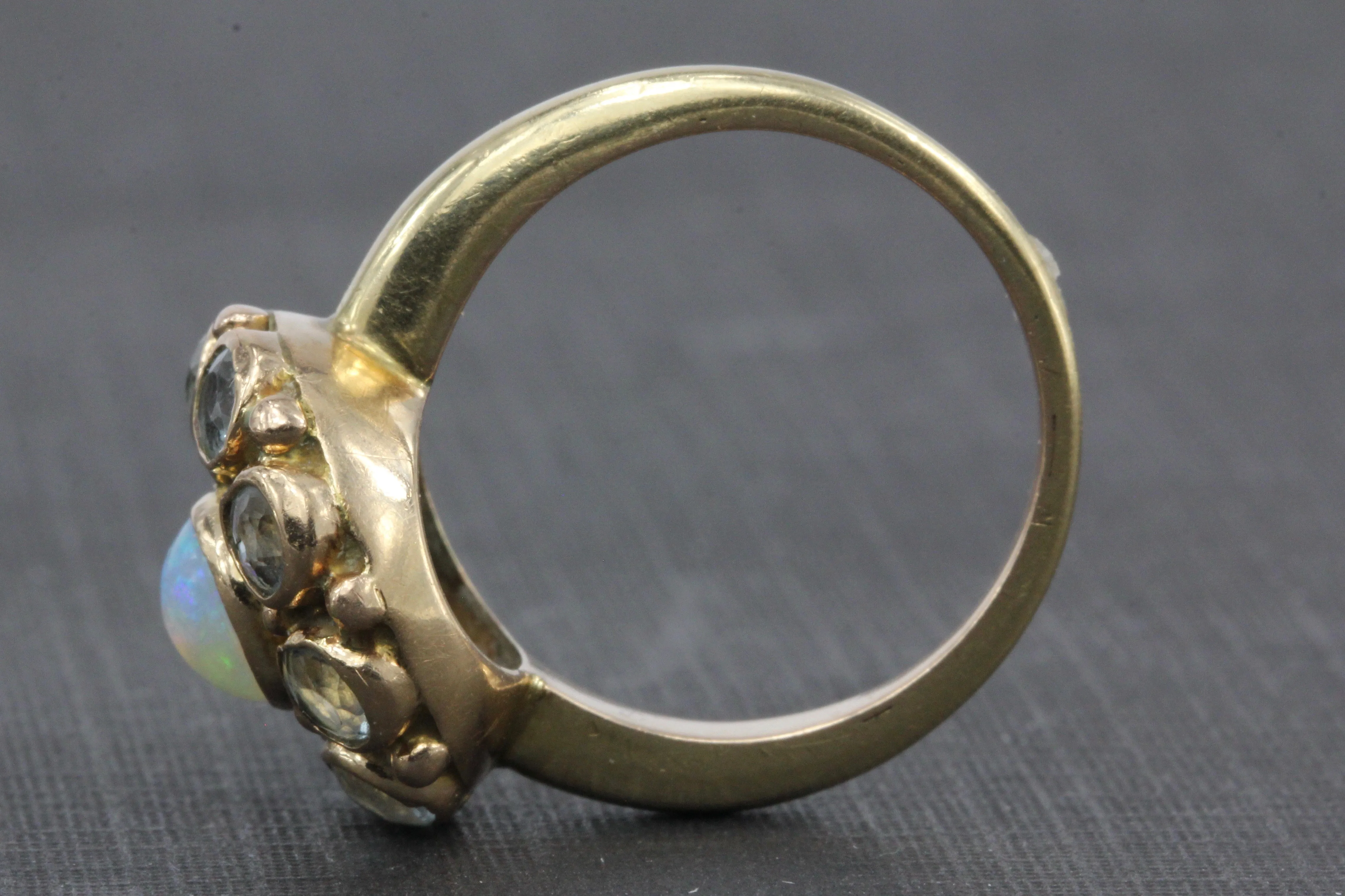 Retro 14K Yellow Gold Opal and Aquamarine Flower Ring Size 6.25