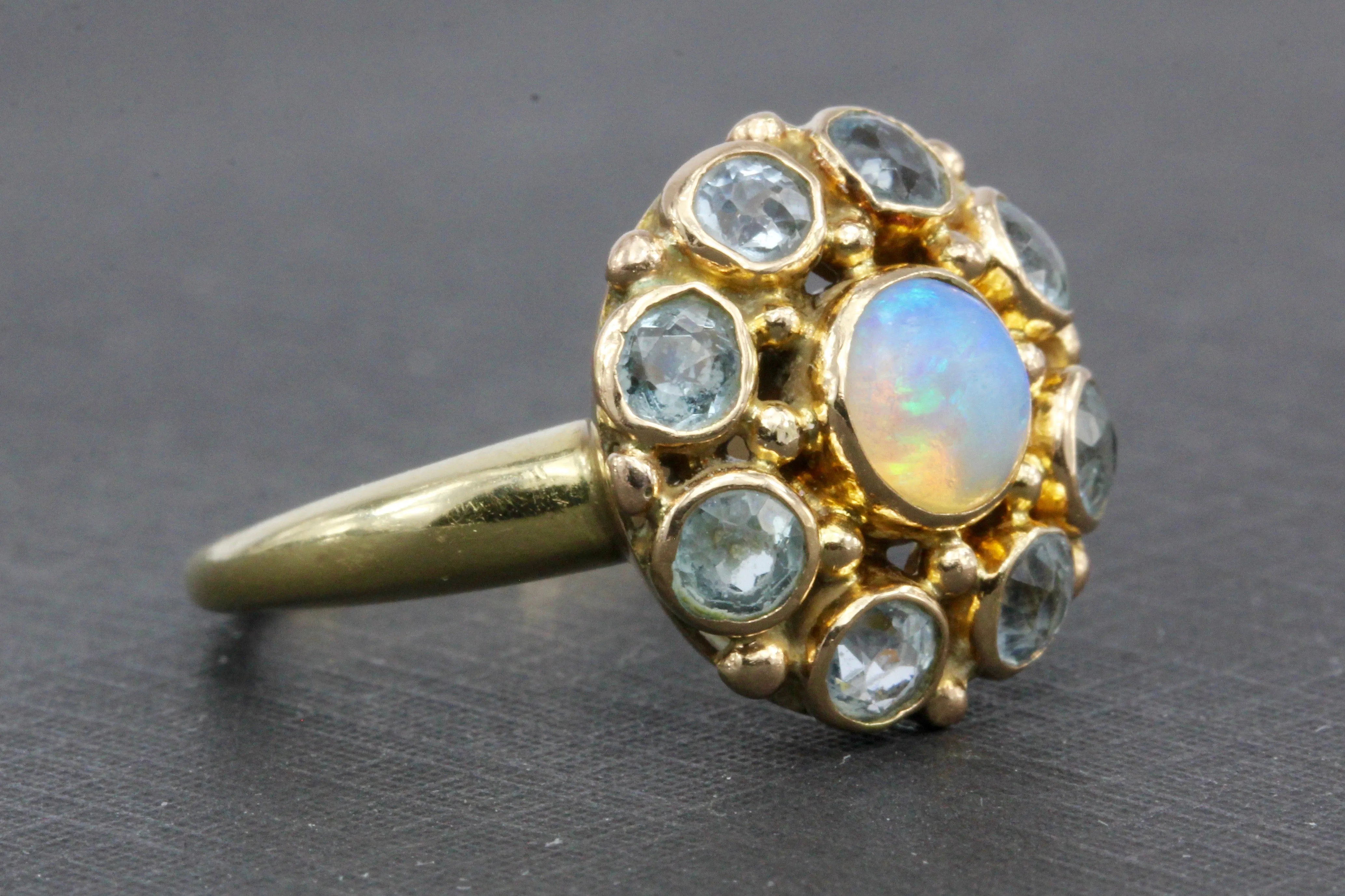 Retro 14K Yellow Gold Opal and Aquamarine Flower Ring Size 6.25