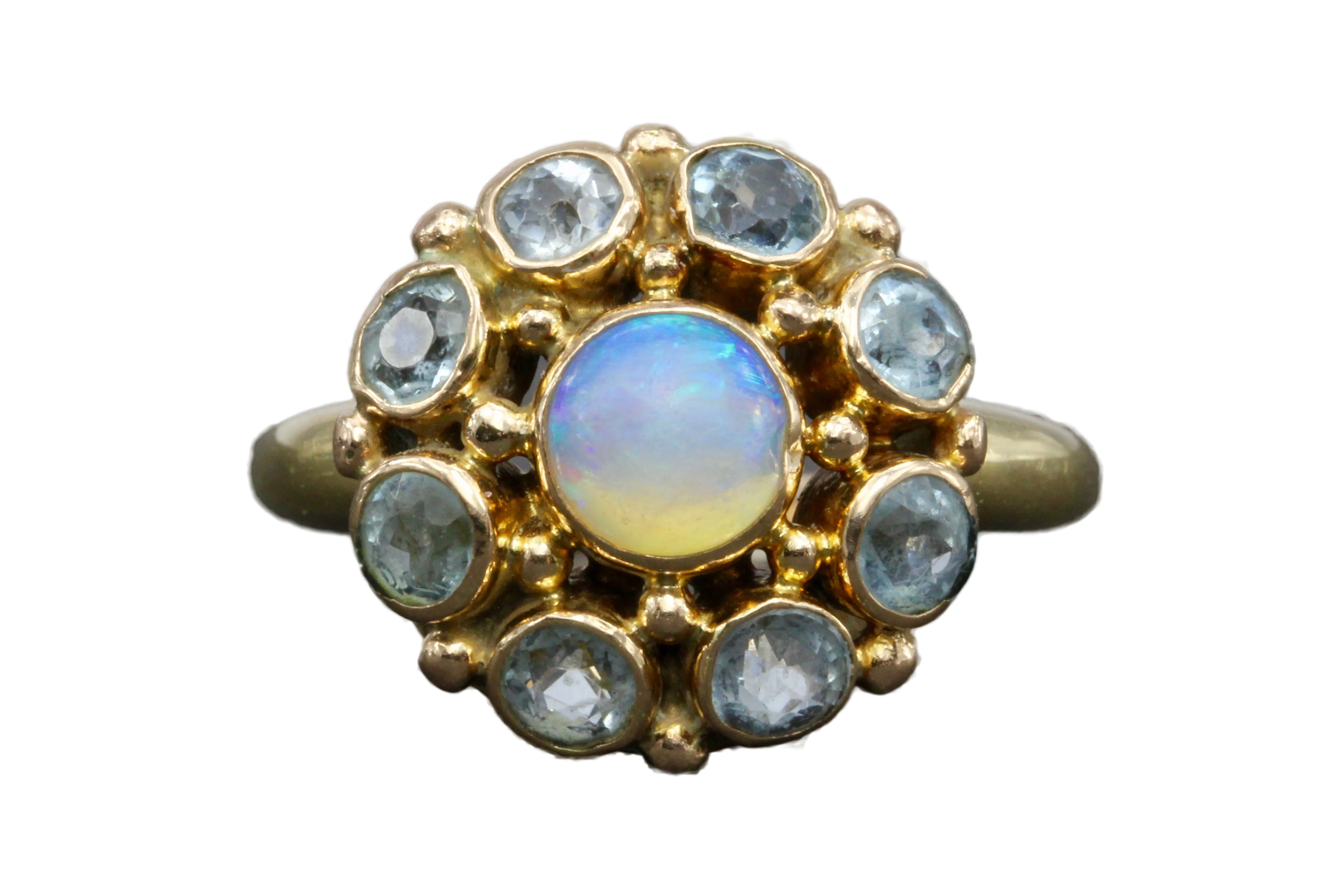 Retro 14K Yellow Gold Opal and Aquamarine Flower Ring Size 6.25