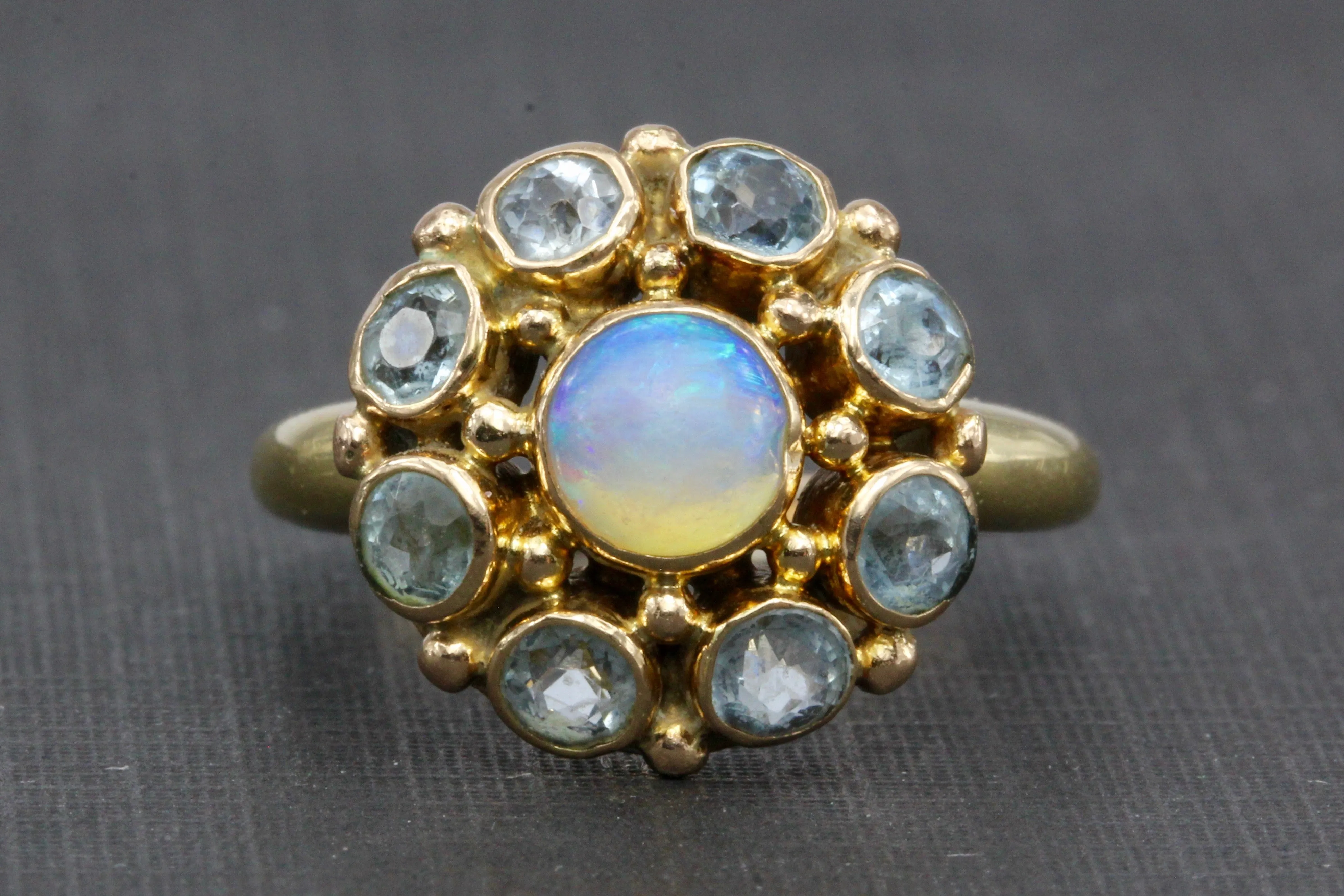Retro 14K Yellow Gold Opal and Aquamarine Flower Ring Size 6.25