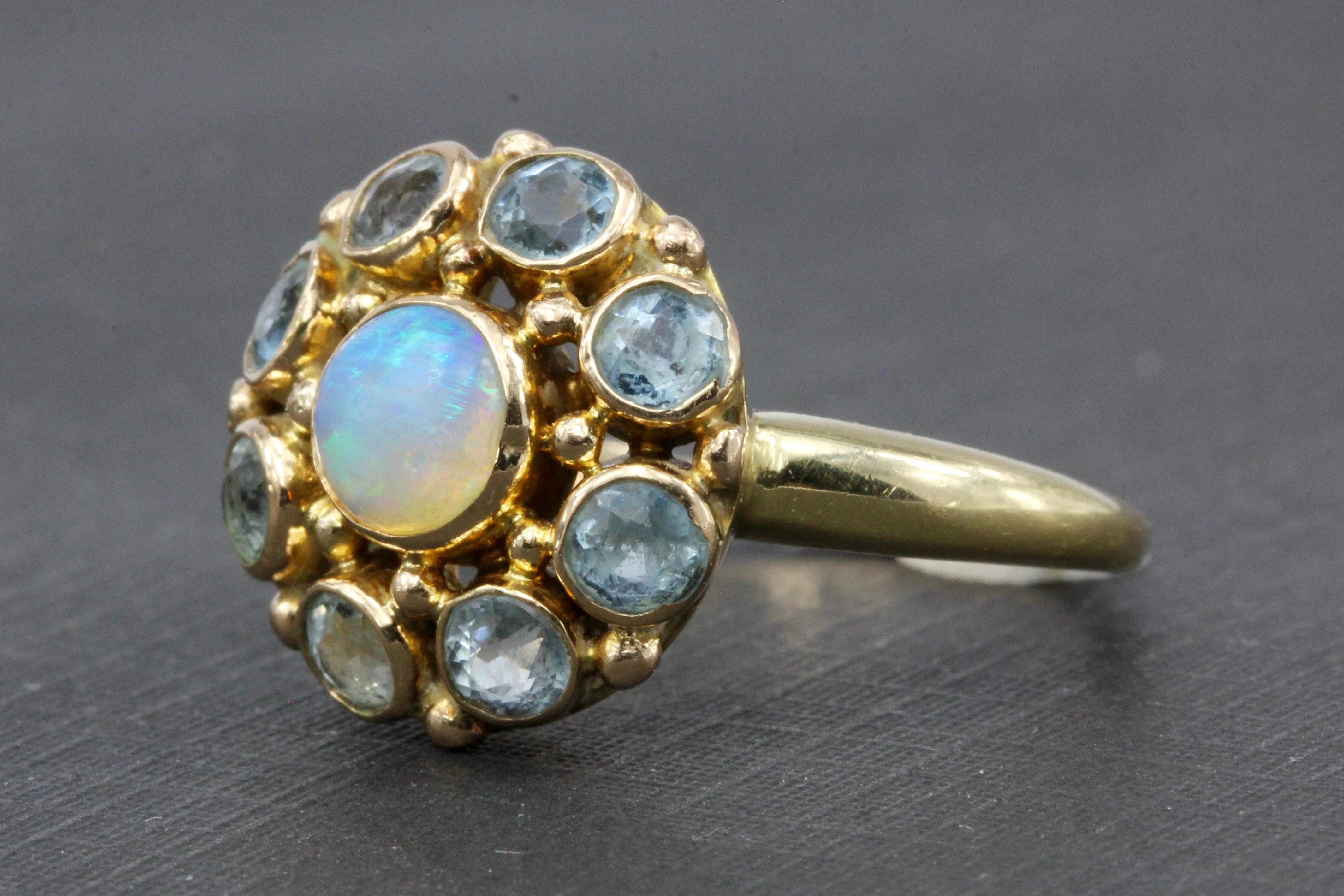 Retro 14K Yellow Gold Opal and Aquamarine Flower Ring Size 6.25