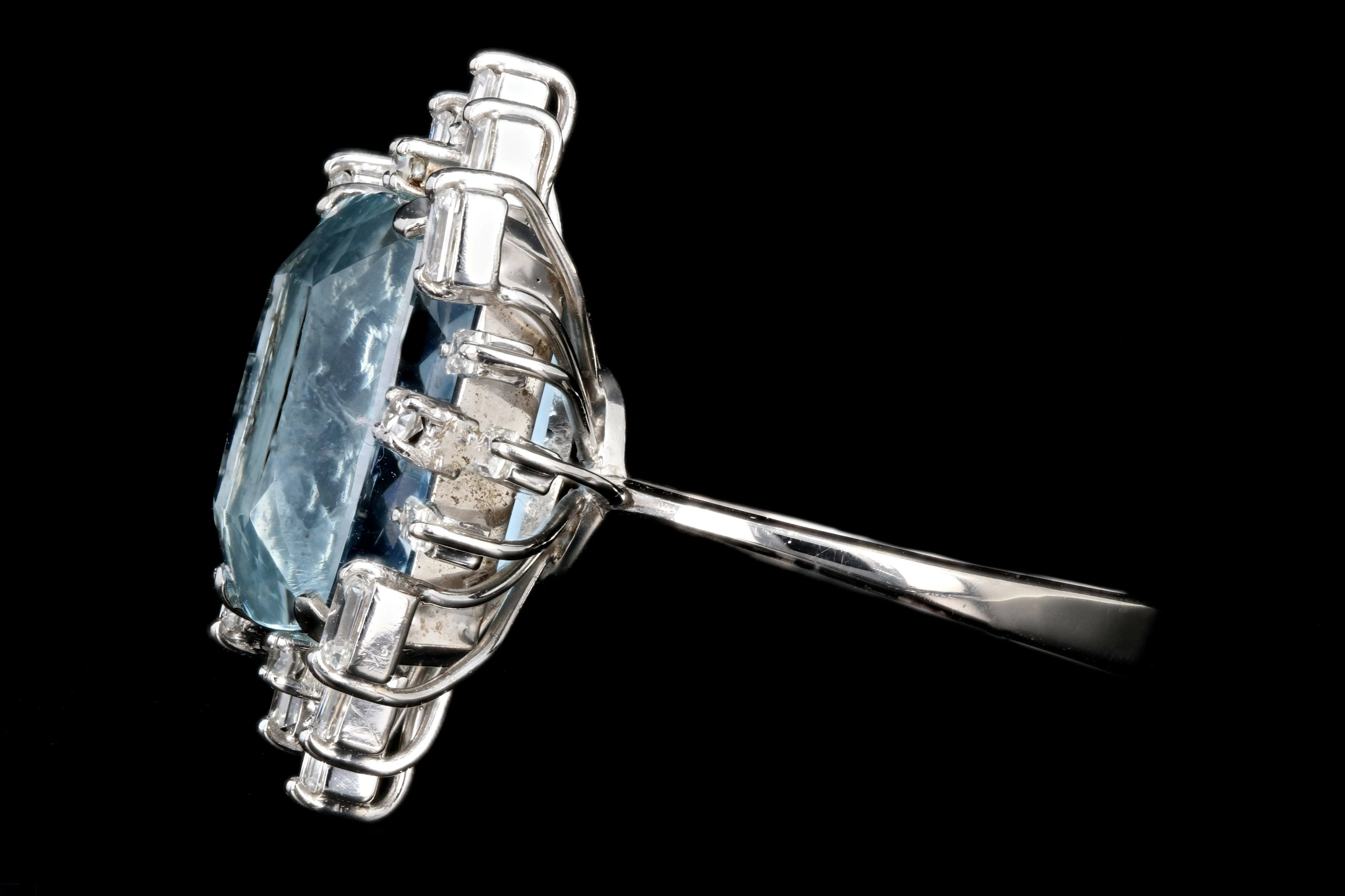 Retro 18K White Gold 6.5 Carat Aquamarine and Diamond Ring