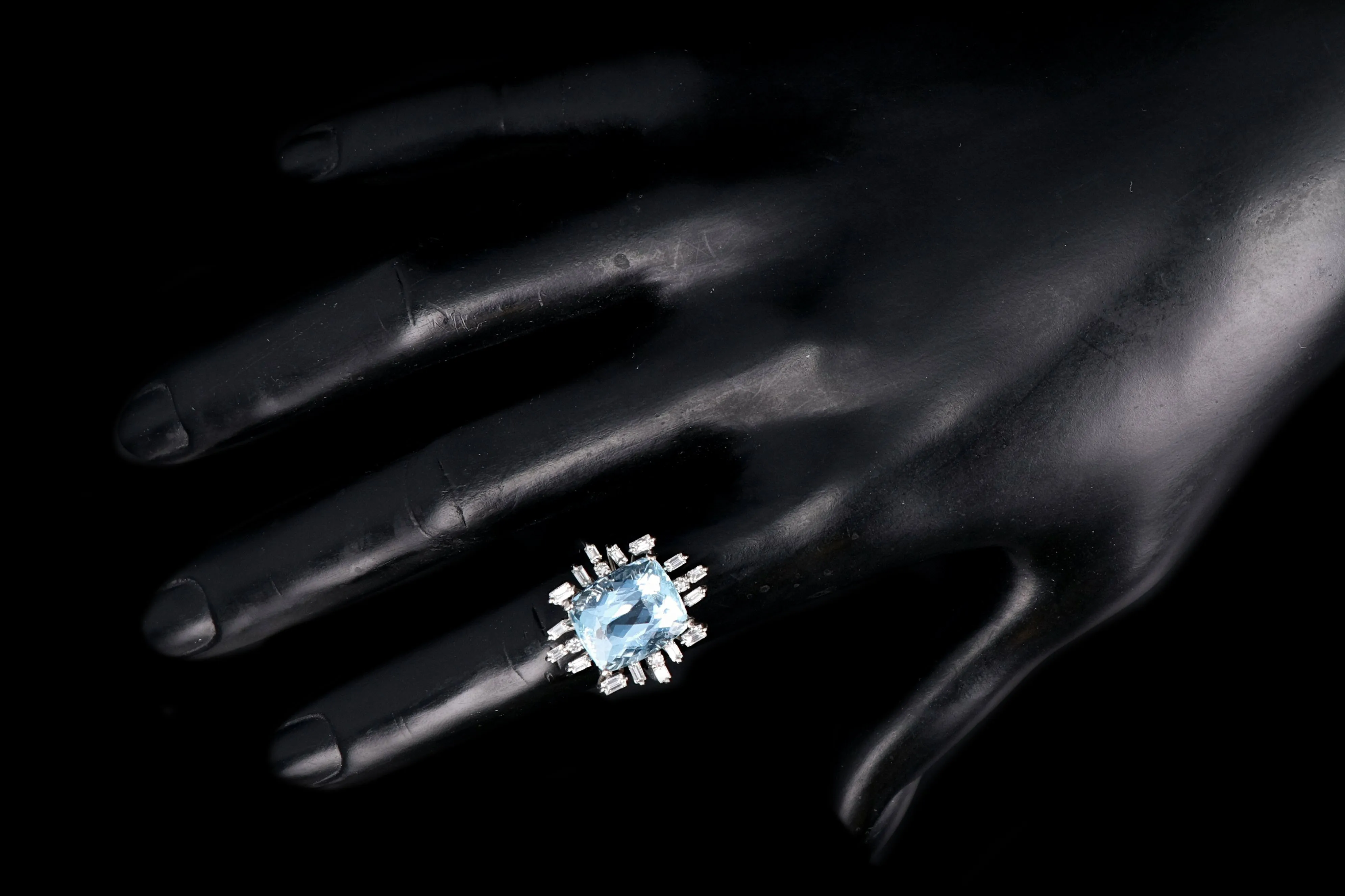 Retro 18K White Gold 6.5 Carat Aquamarine and Diamond Ring