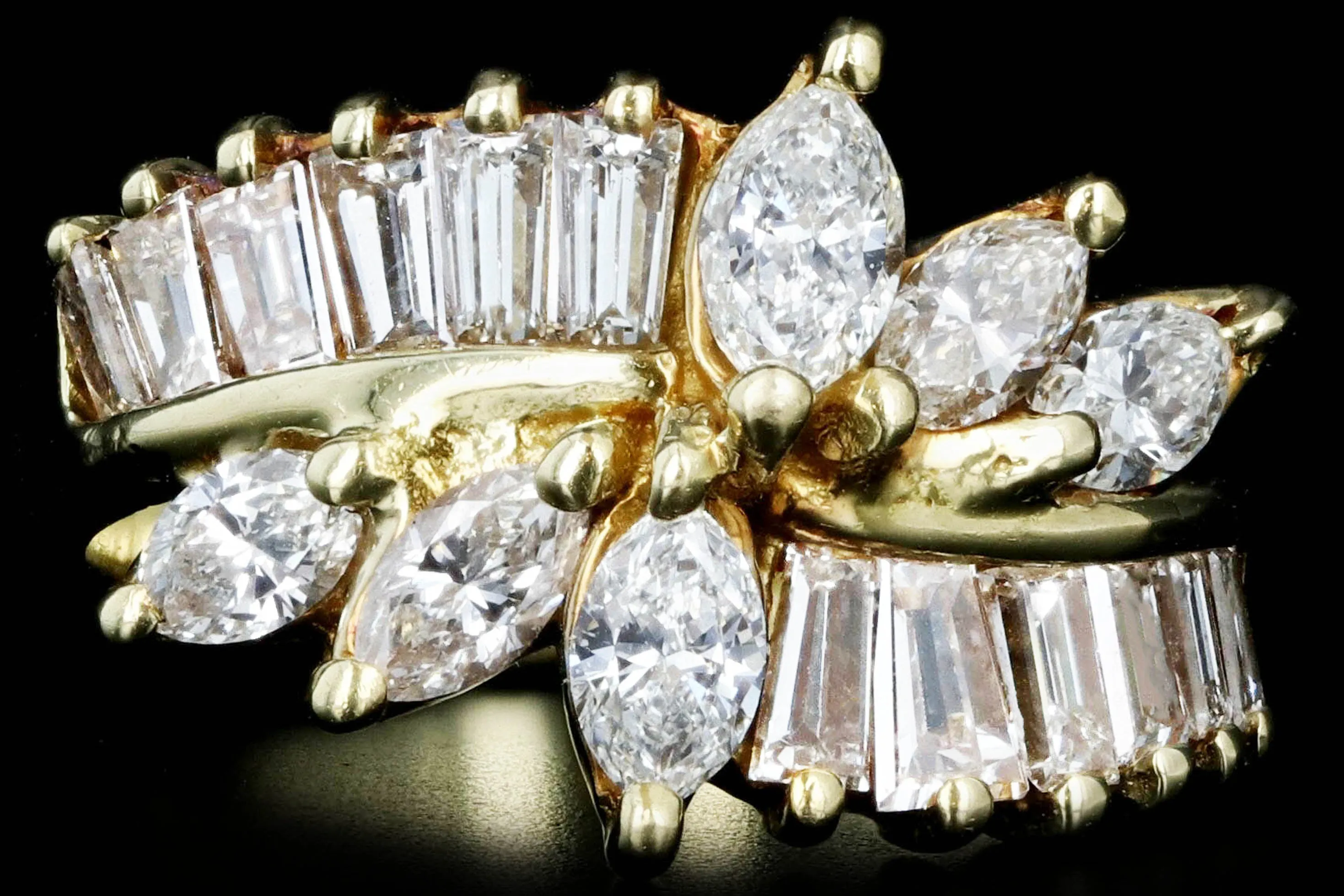 Retro 18K Yellow Gold 2.5 CTW Marquise and Tapered Baguette Diamond Ring