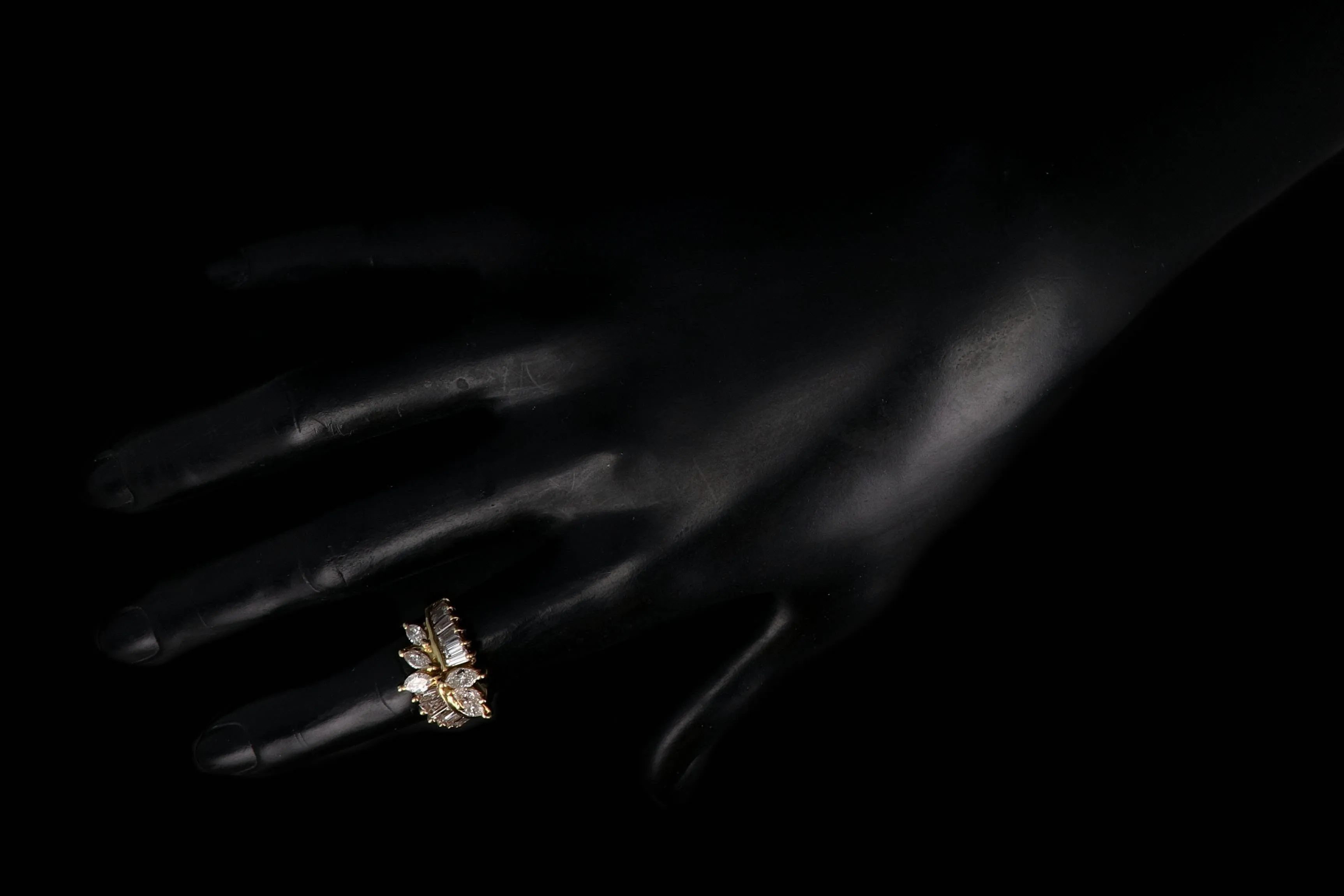 Retro 18K Yellow Gold 2.5 CTW Marquise and Tapered Baguette Diamond Ring