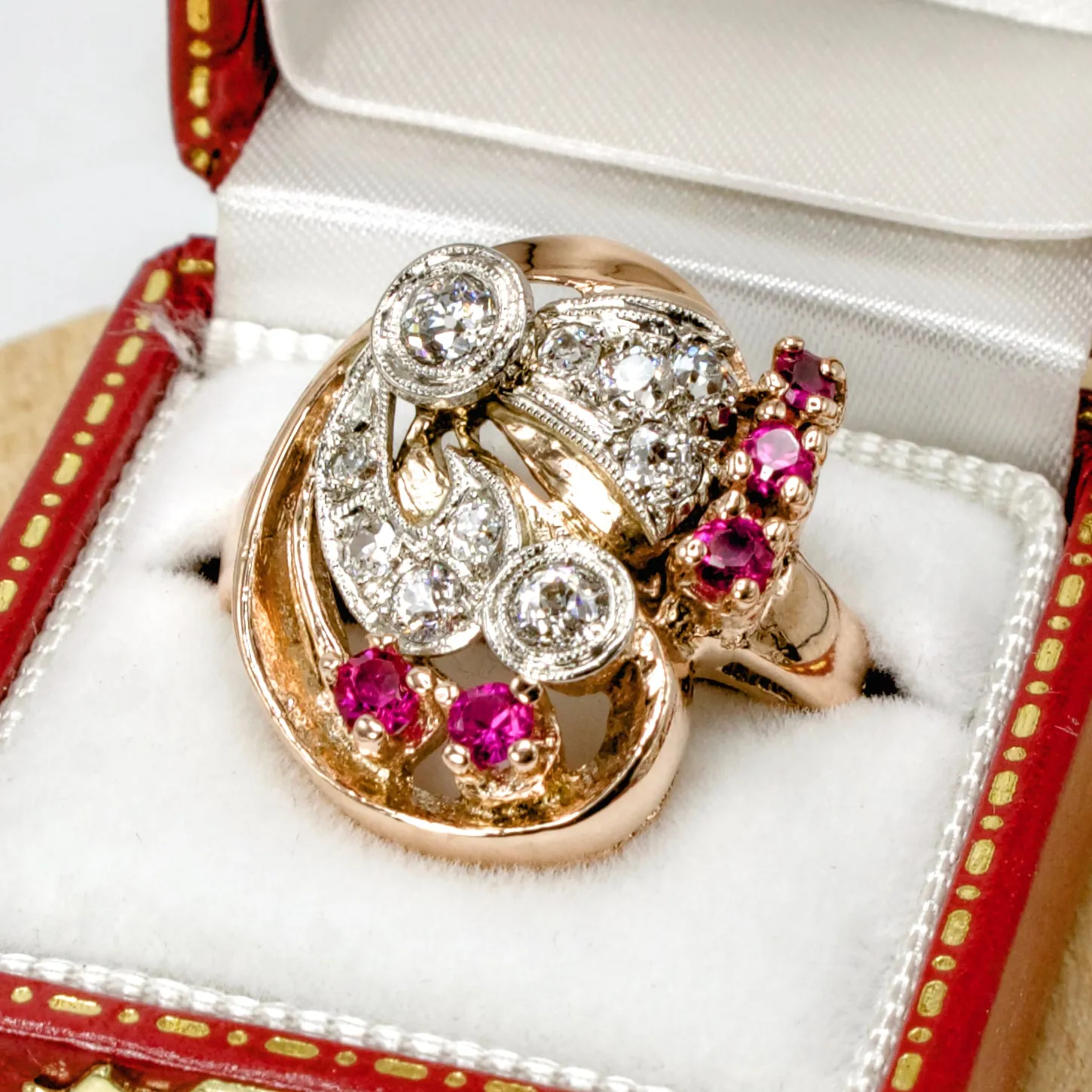 Retro 1940s Diamond and Ruby Asymmetrical Ring in 14K Rose and White Gold