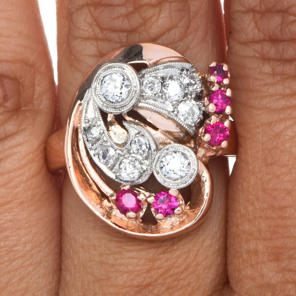 Retro 1940s Diamond and Ruby Asymmetrical Ring in 14K Rose and White Gold